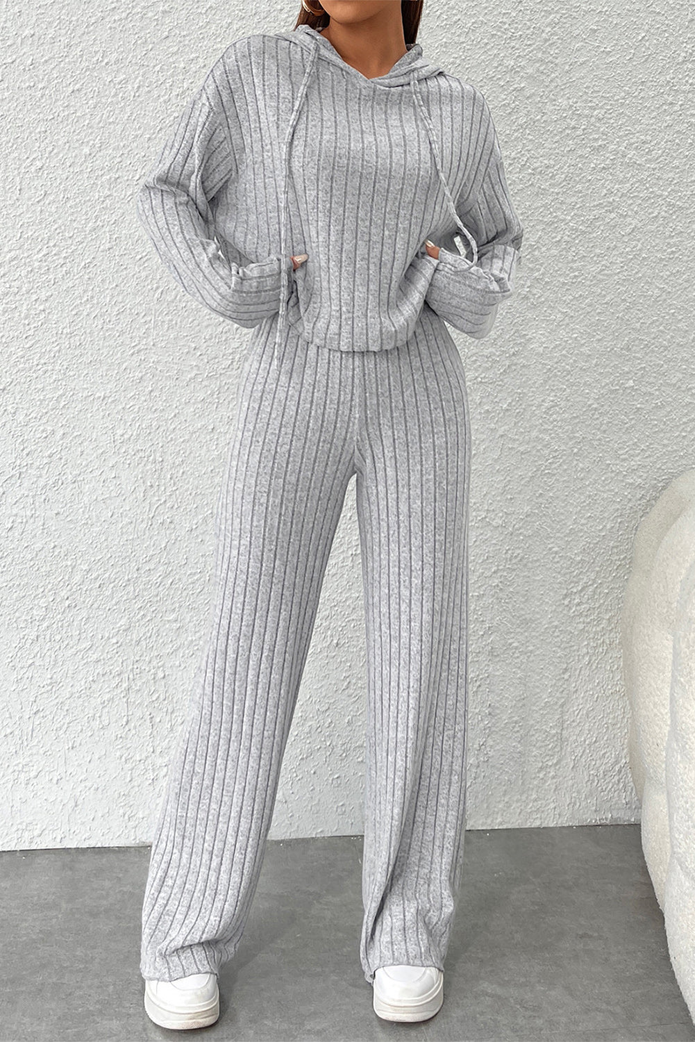 Ribbed Knit Hoodie Wide Leg Pants Set