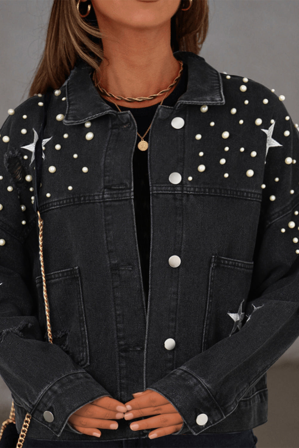 Pearls Star Cropped Denim Jacket