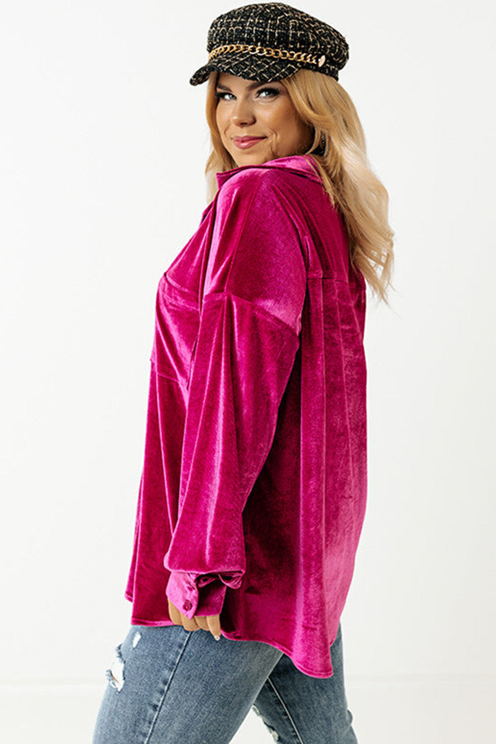 Bright Pink Velvet Drop Shoulder Shirt