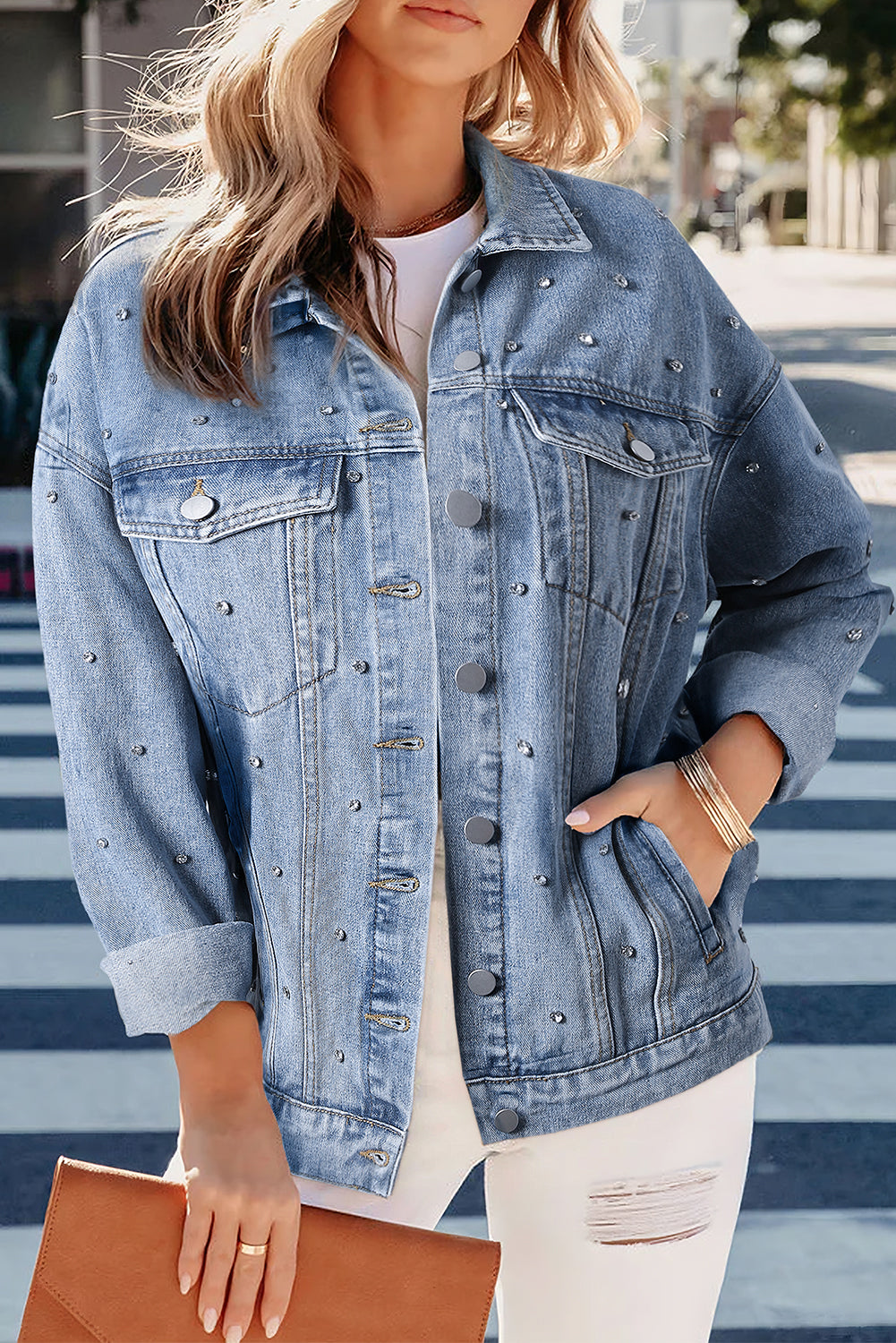 Mist Blue Rhinestones Denim Jacket