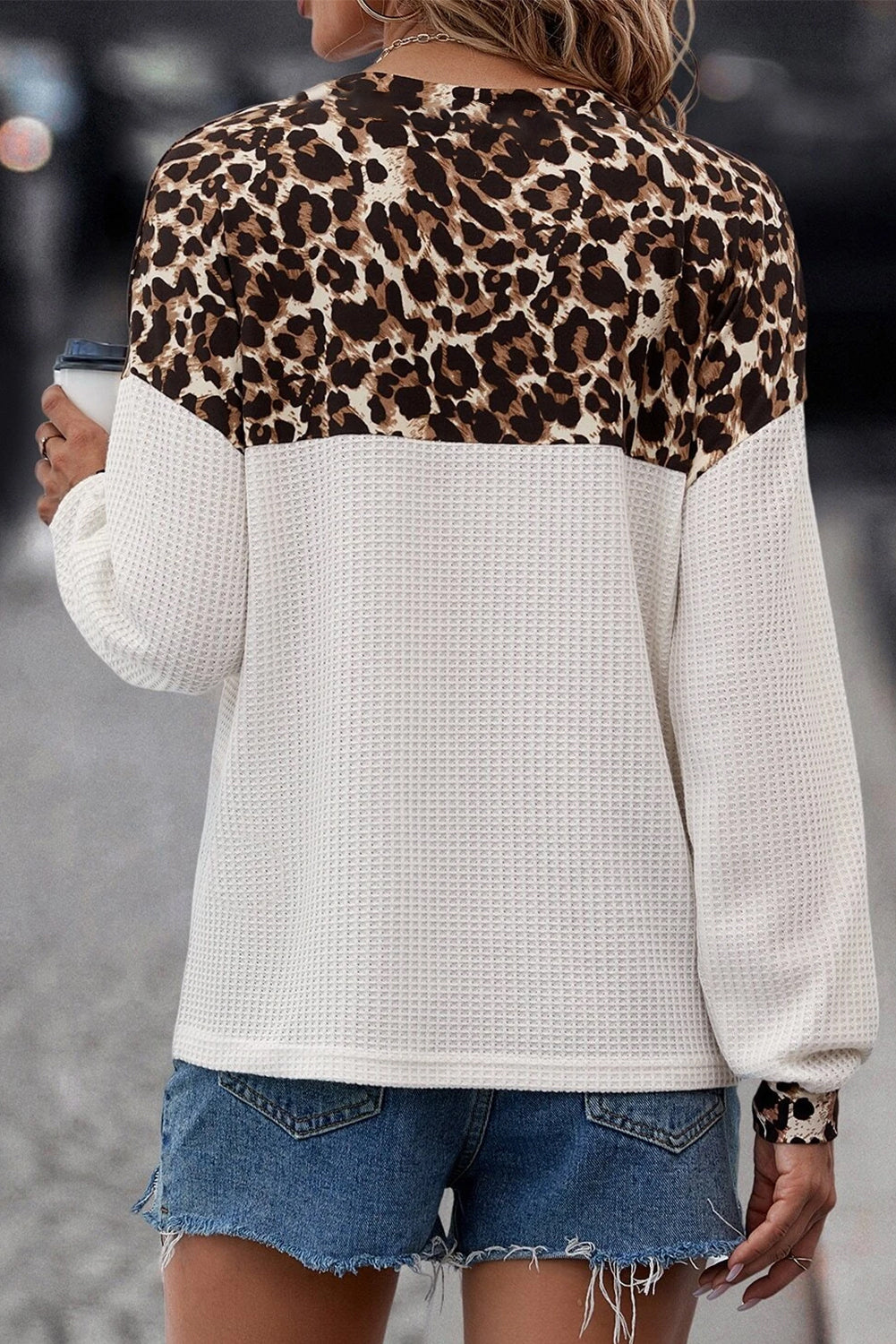 Leopard Waffle Knit Button V Neck Top