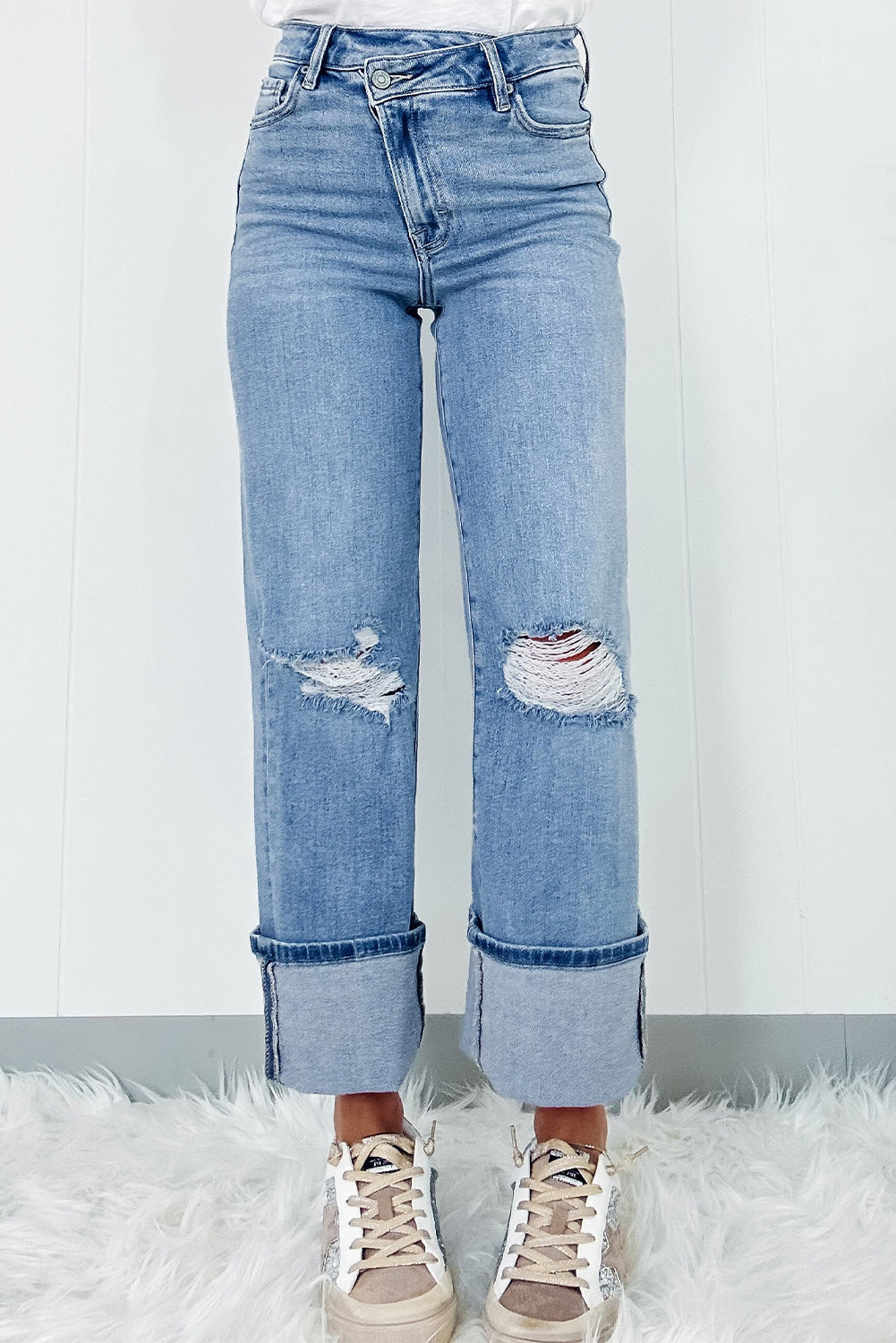 Dusk Blue High Rise Button Zip Ripped Jeans