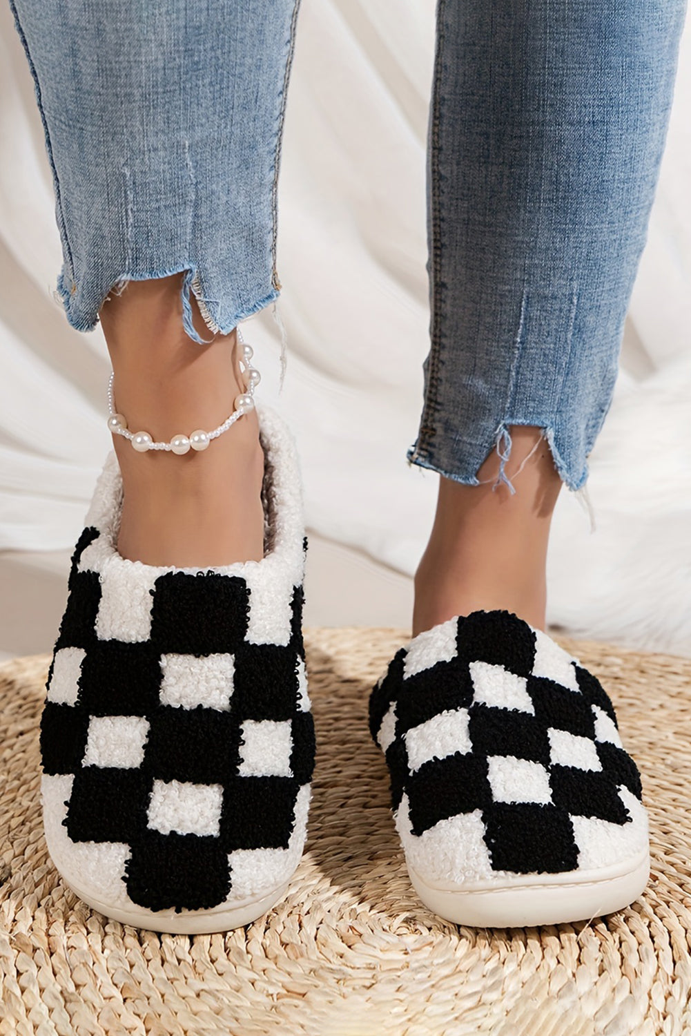 Black Checkered Fuzzy Slip Slippers