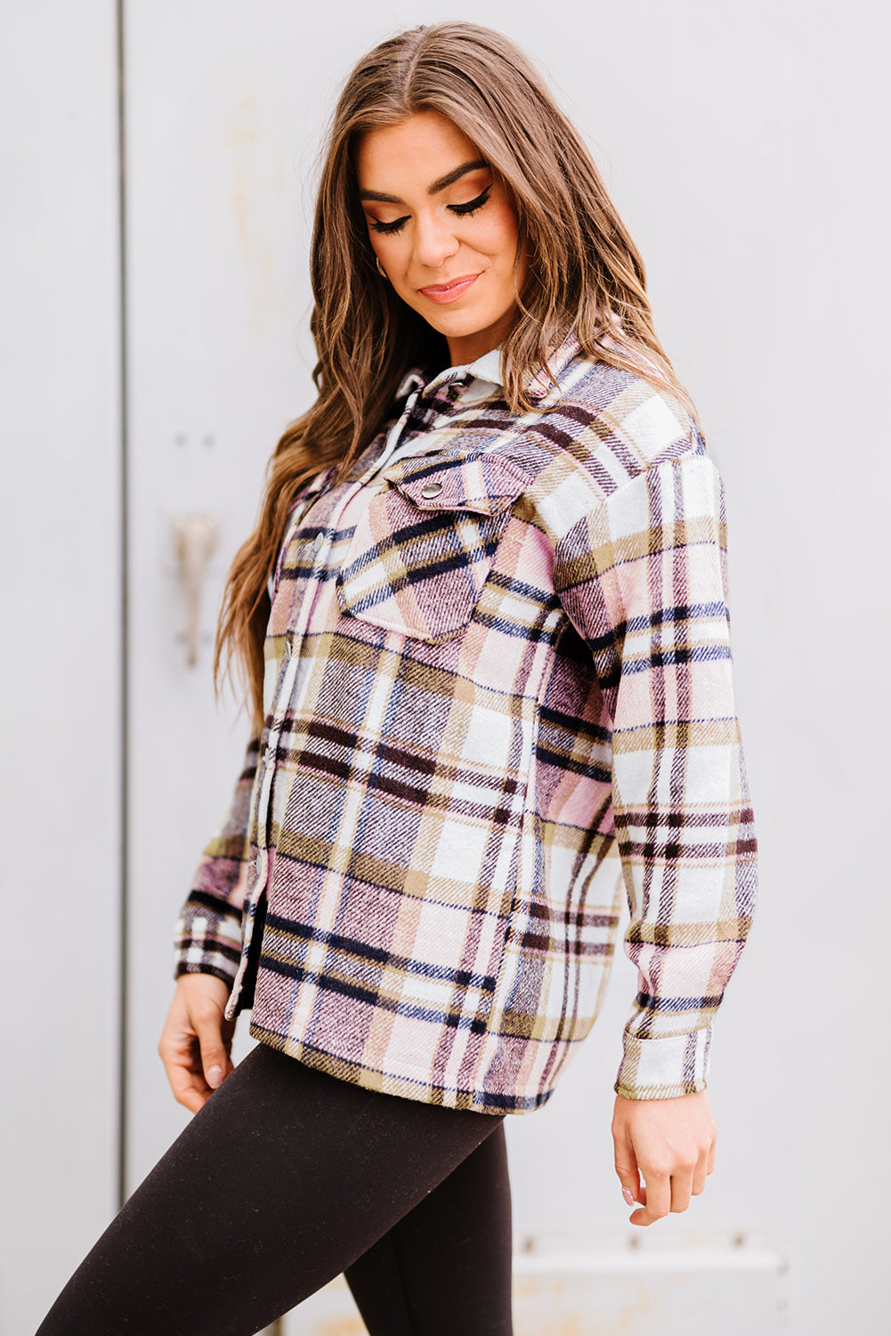 Geometric Plaid Pocketed Shacket