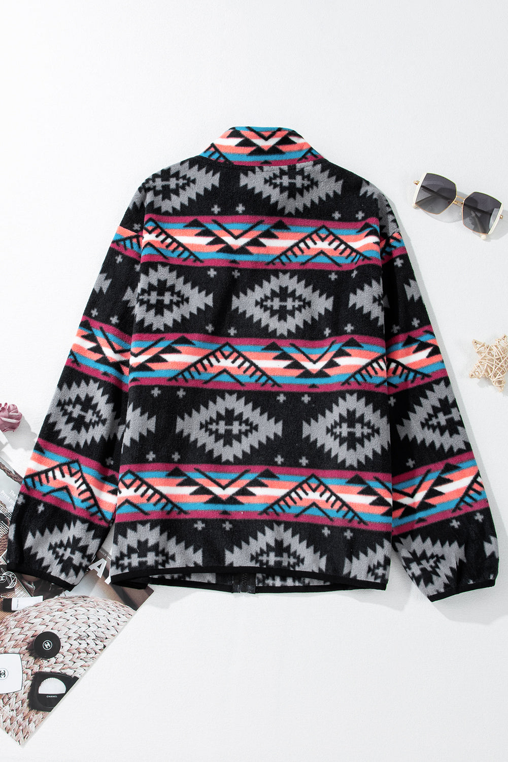 Black Aztec Zip Up Collar Jacket