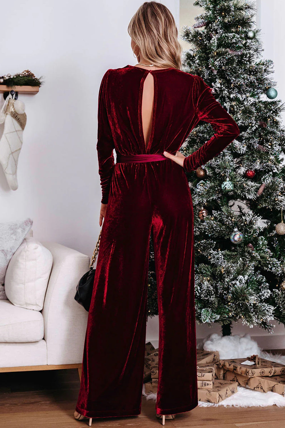 Velvet Cut out Back Wide Leg Jumpsuit