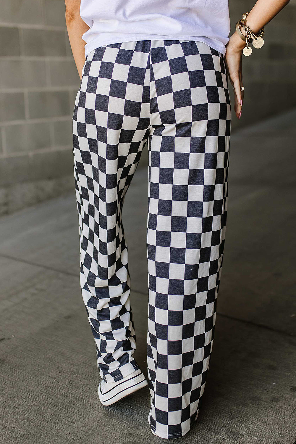 Black 2-Tone Checked High Waist Wide Leg Pants