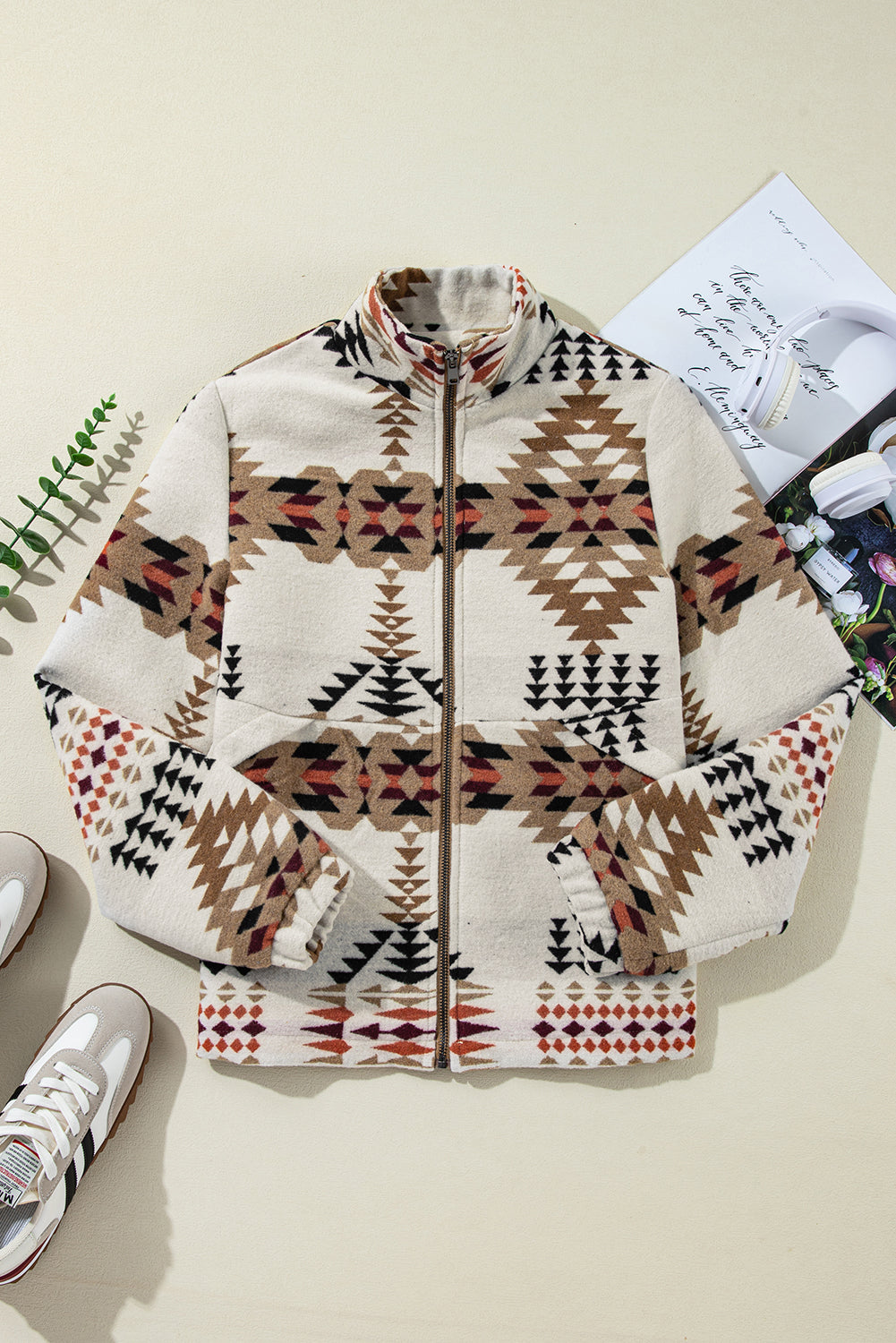 Beige Aztec Zip Up Jacket