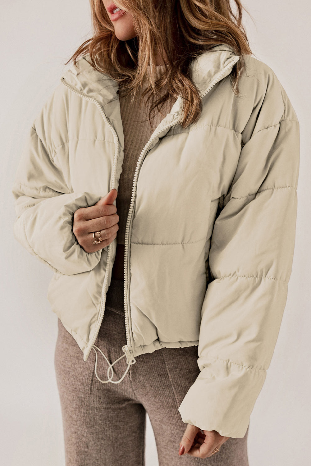 Zip Up Drawstring Hem Puffer Jackets