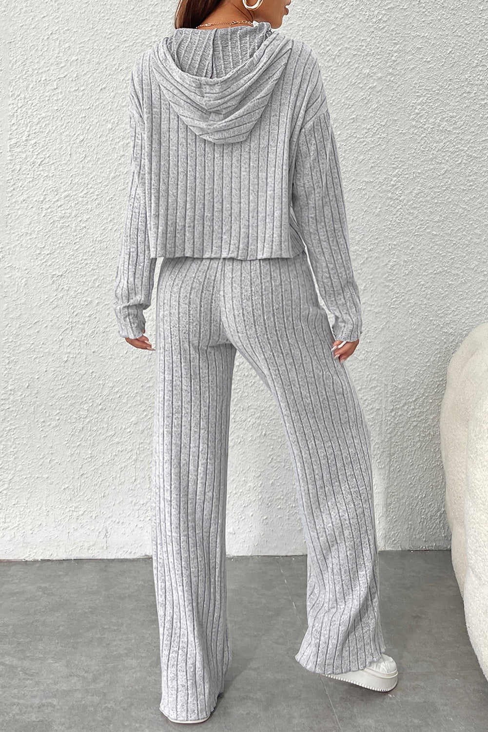 Ribbed Knit Hoodie Wide Leg Pants Set