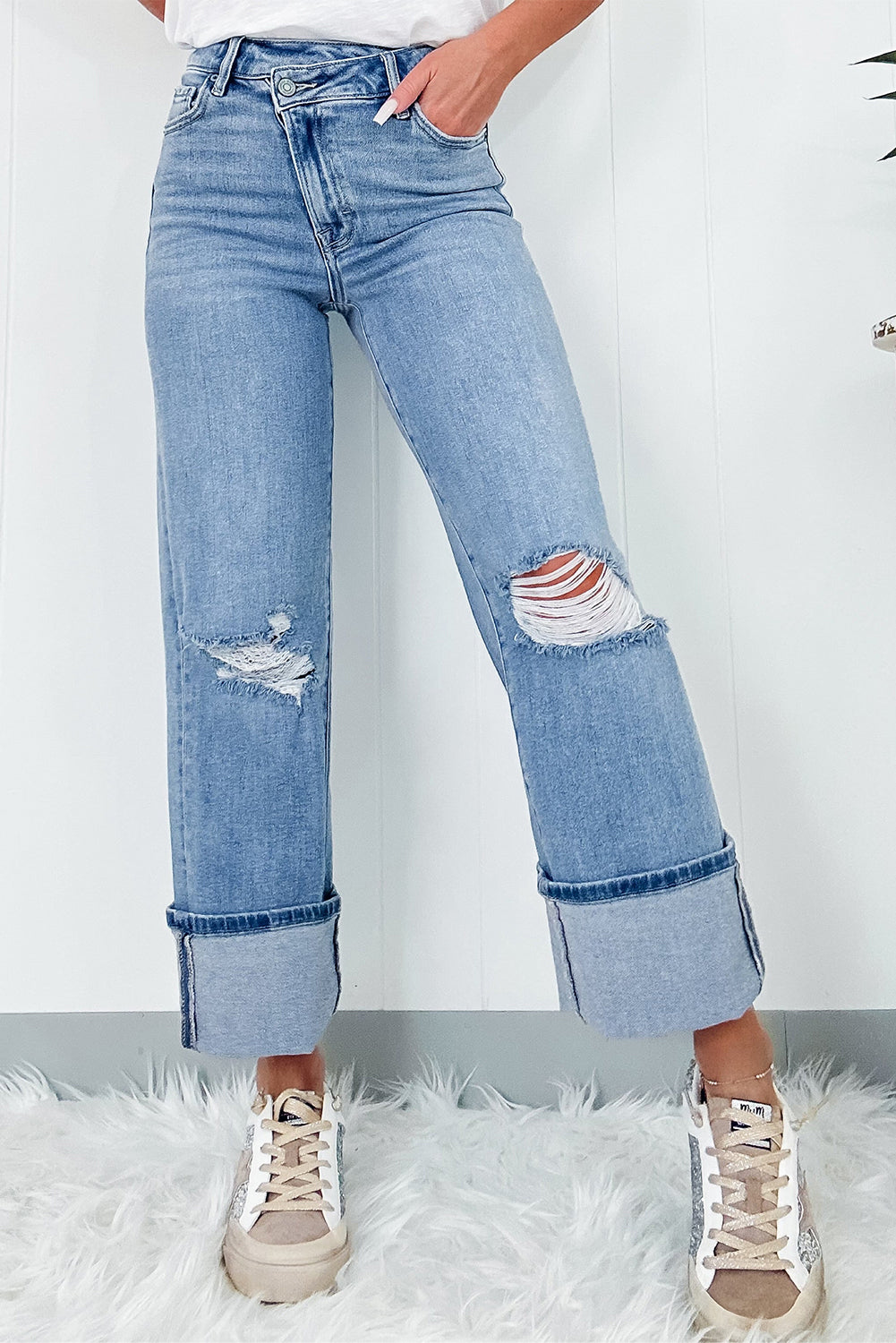 Dusk Blue High Rise Button Zip Ripped Jeans