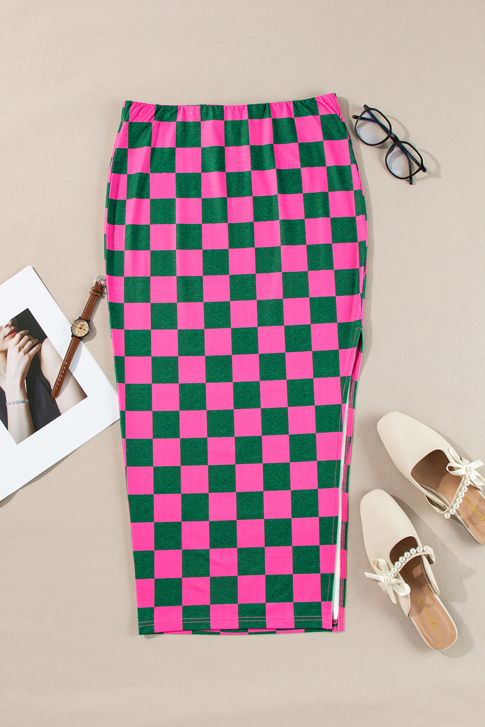 Rose Checkered Side Slit High Waist Skirt