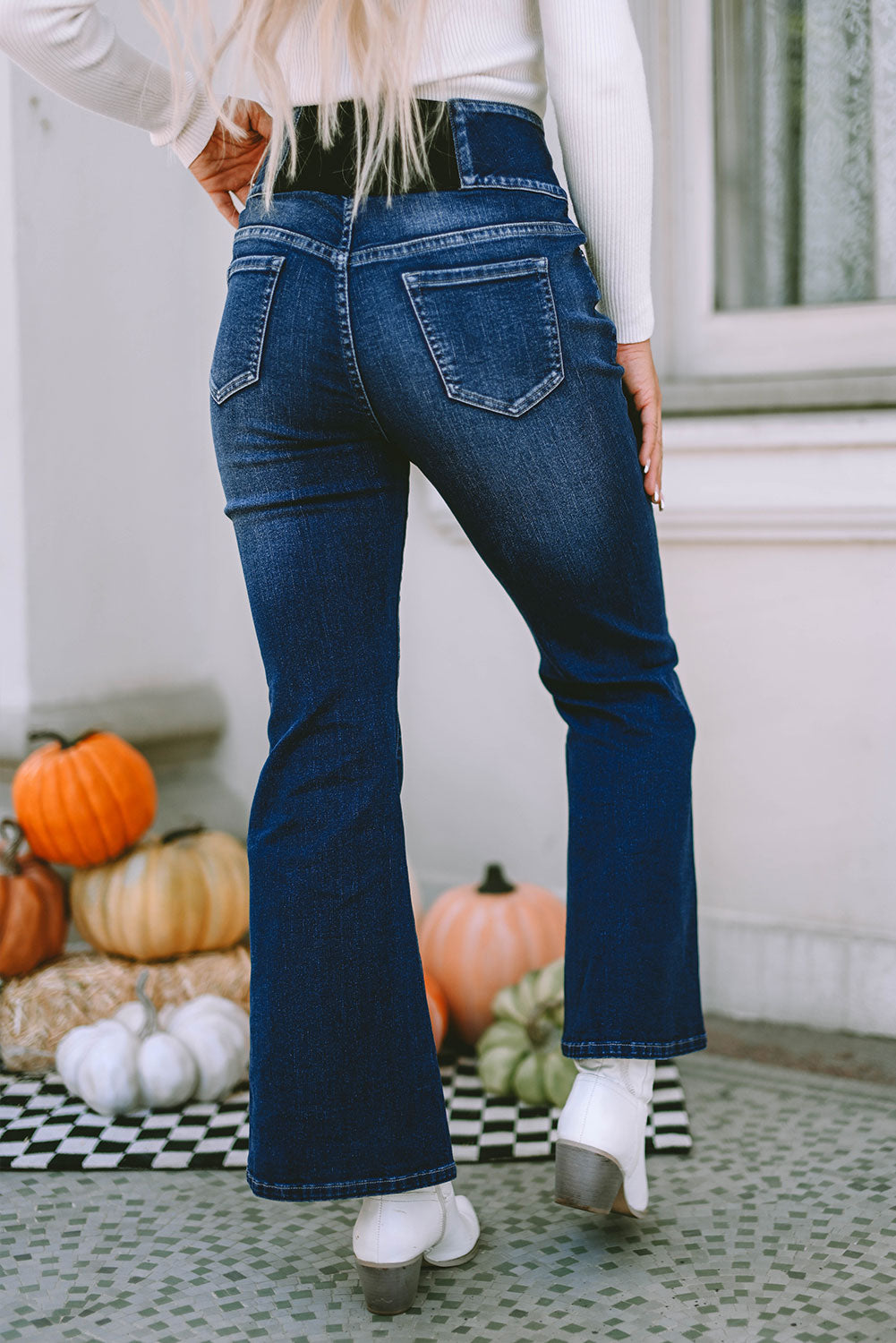 Blue Buttons Elastic Wide Waistband Jeans