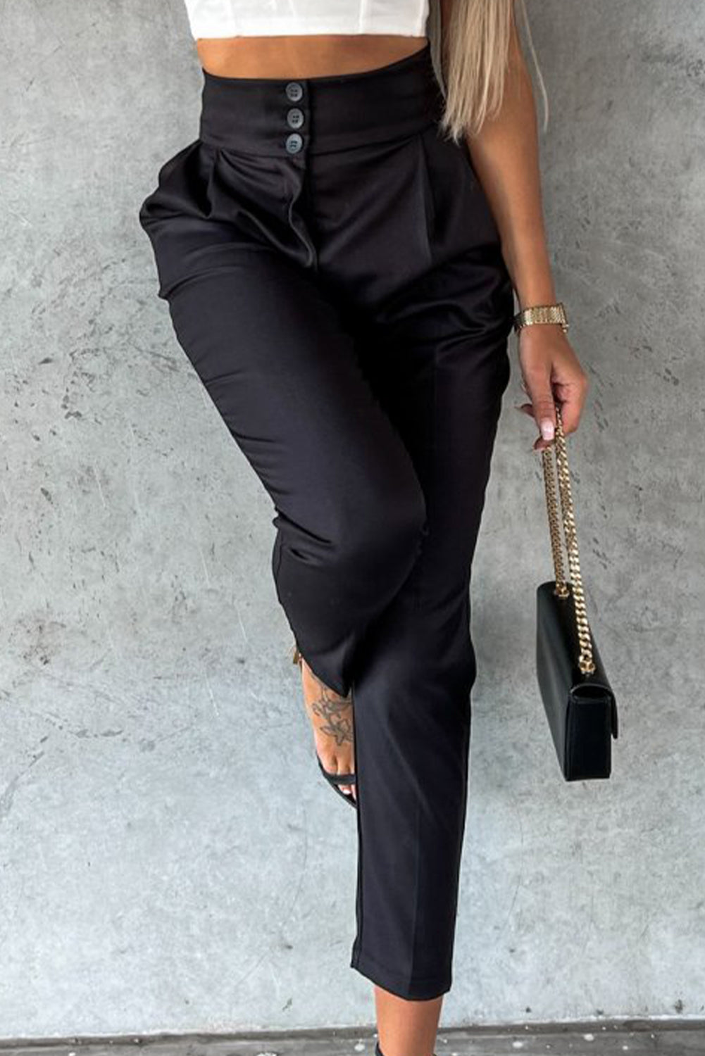 Button High Waist Tapered Pants