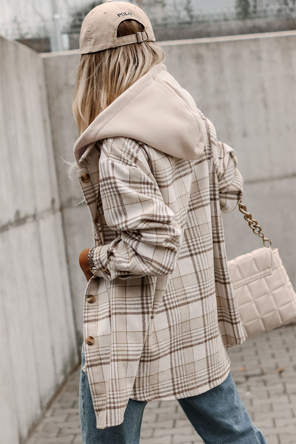 Plaid Removable Hood Buttoned Jacket