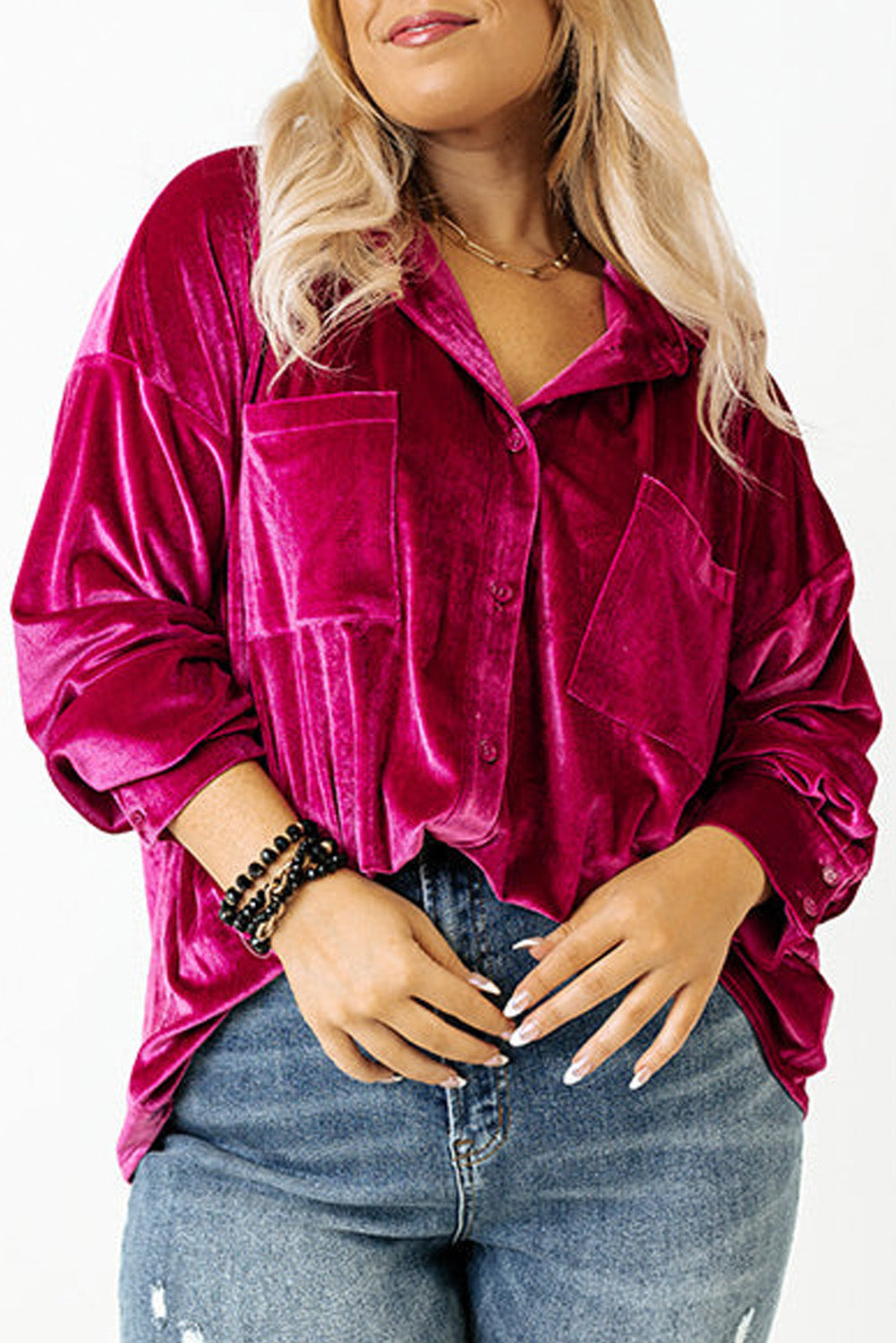 Bright Pink Velvet Drop Shoulder Shirt