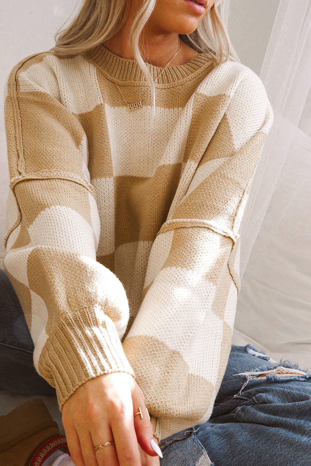 Checkered Bishop Sleeve Sweater