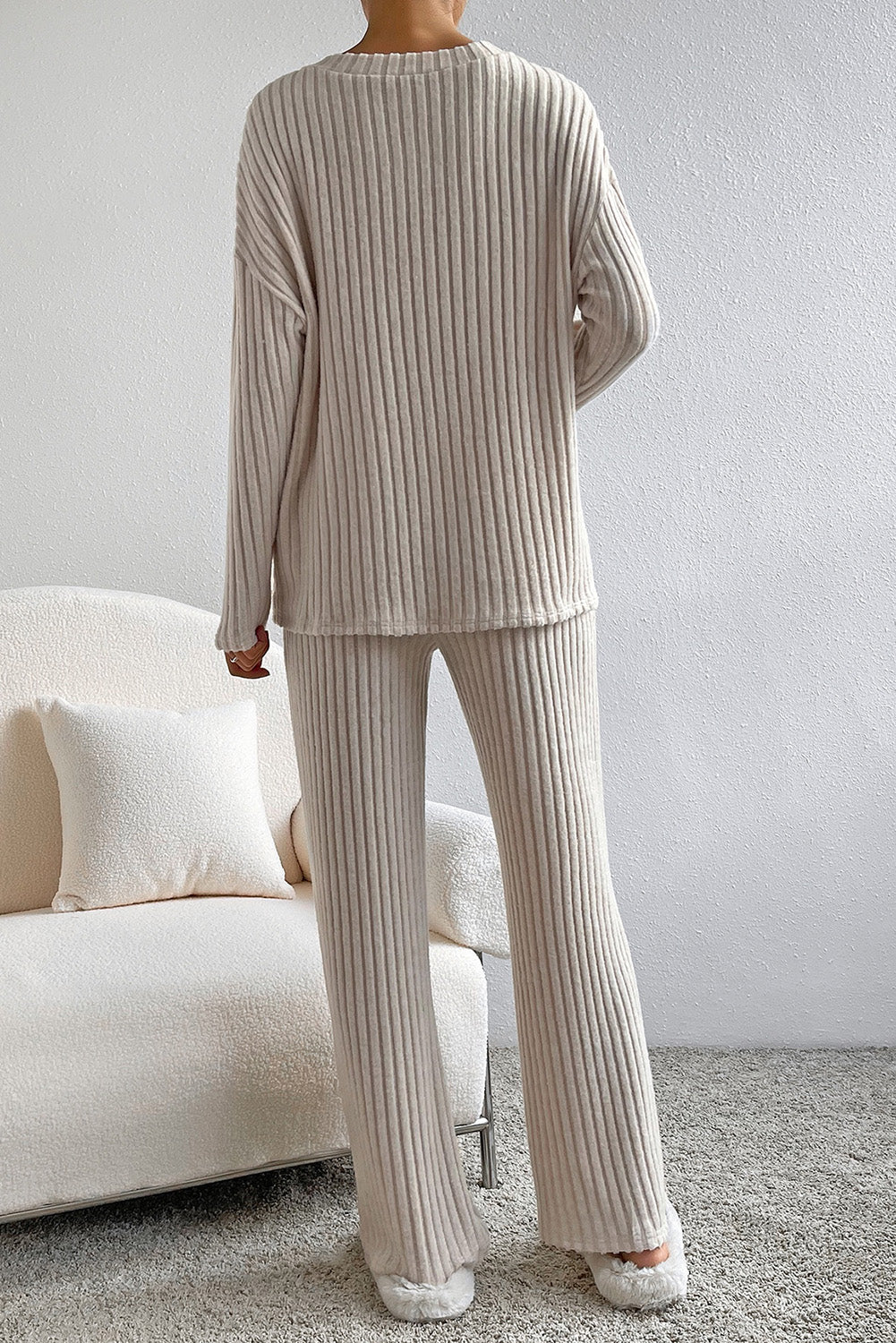 Ribbed V Neck Pullover Set