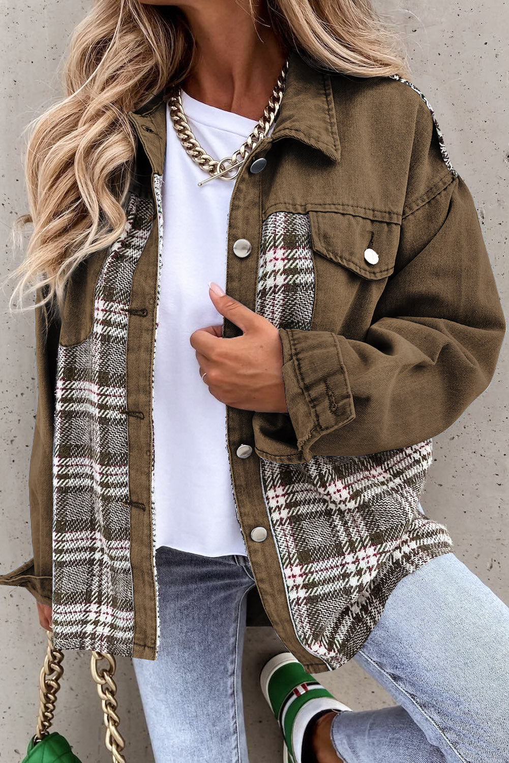 Plaid Pockets Denim Jacket