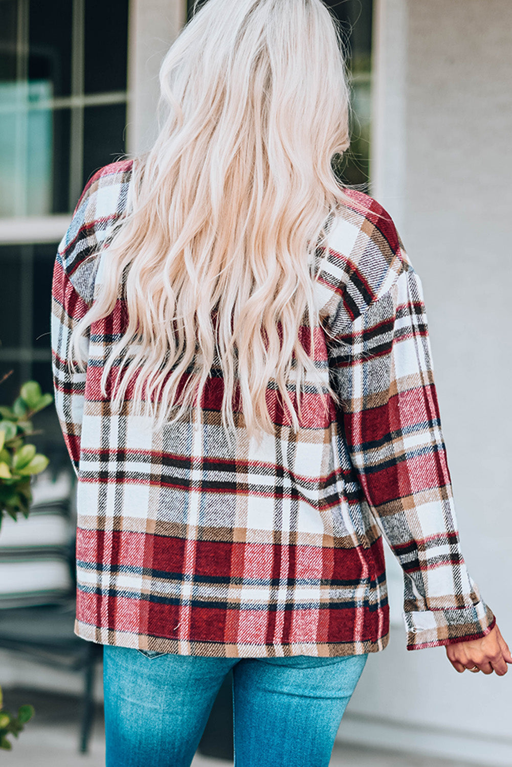 Geometric Plaid Pocketed Shacket