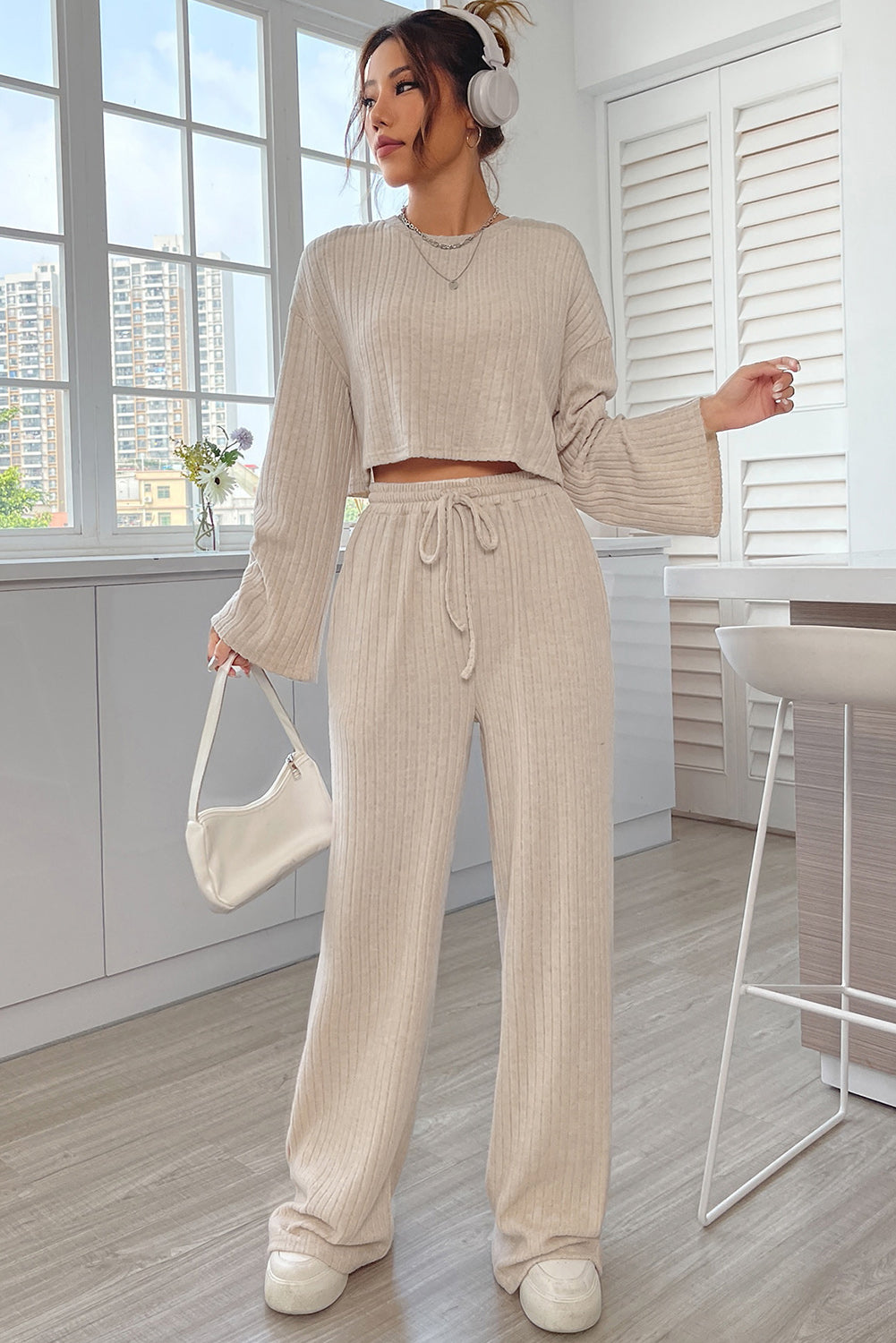 Ribbed Knit Bell Sleeve Crop Top Set