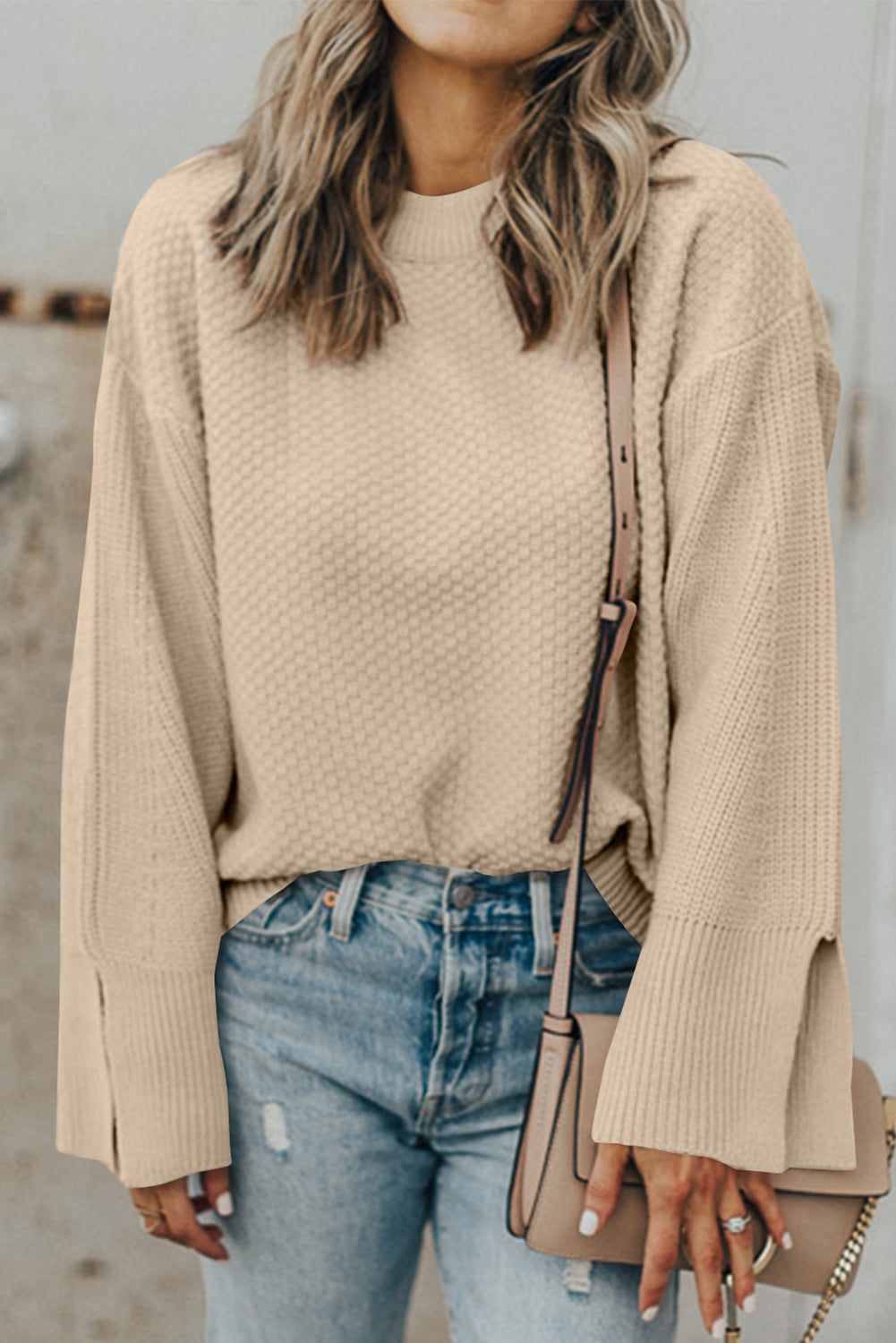 Textured Knit Drop Shoulder Loose Sweater