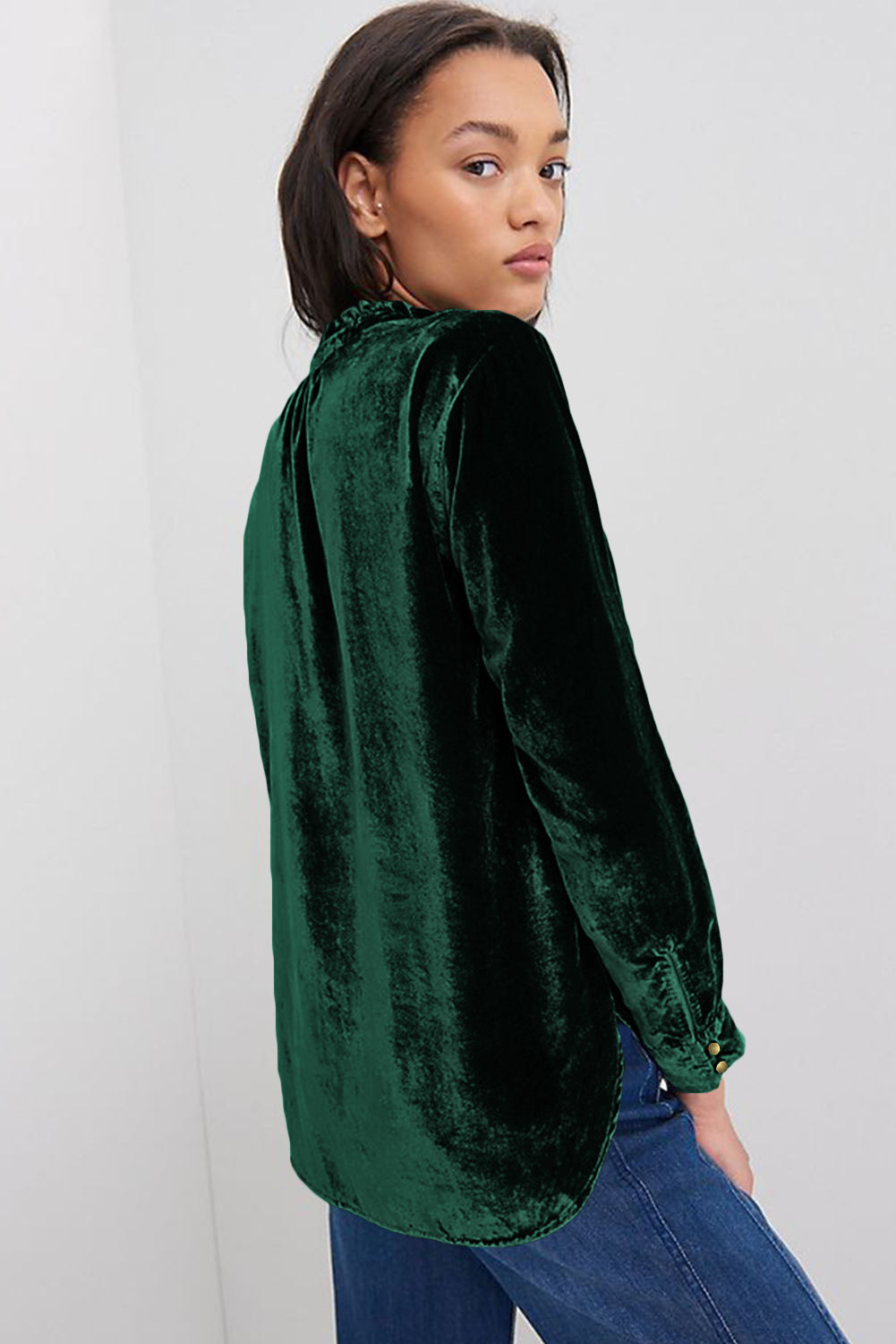 Frilled Neck Buttoned Velvet Top