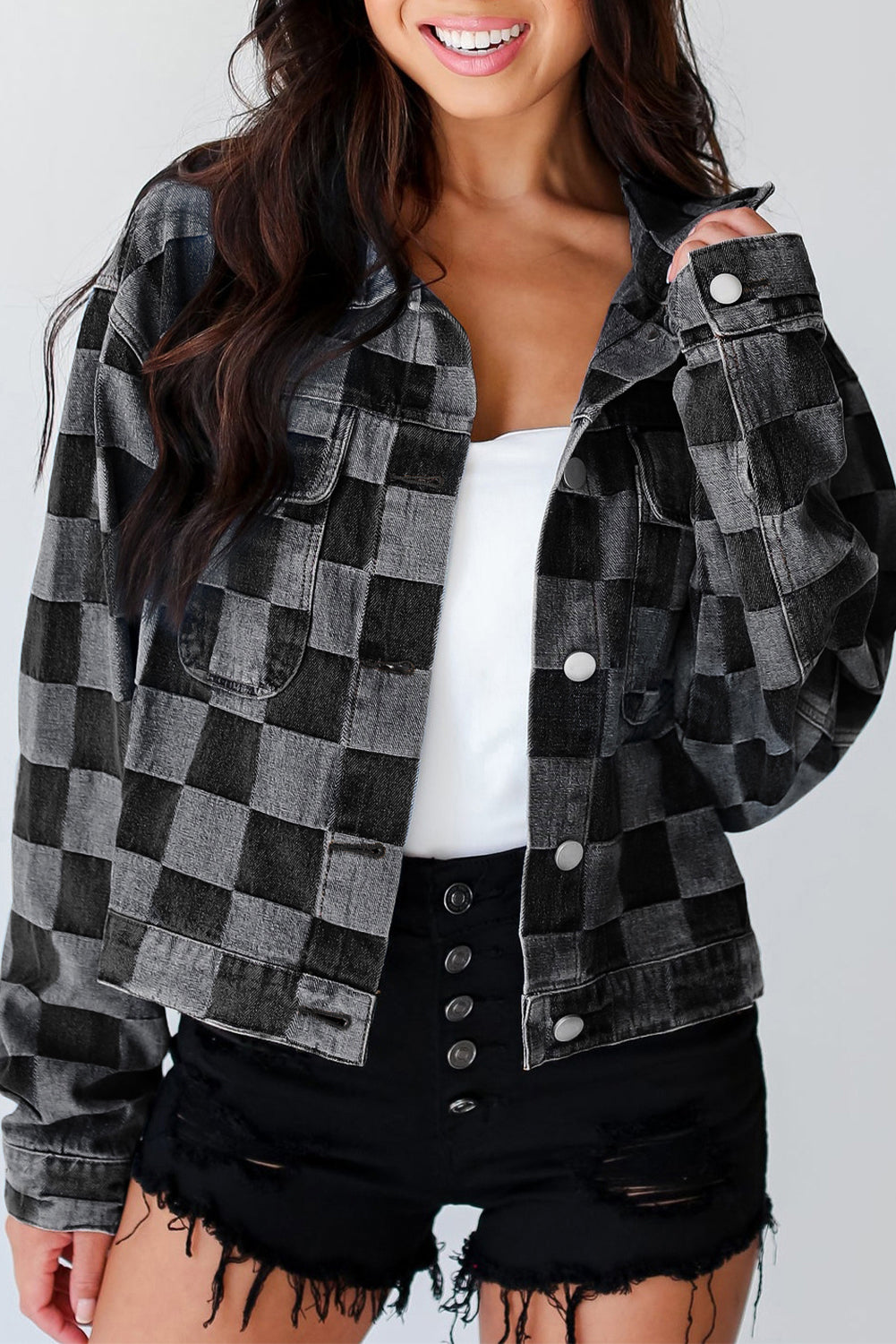 Checkered Button up Denim Jacket