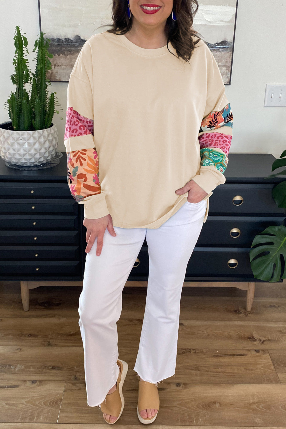 Printed Sleeve Split Sweatshirt