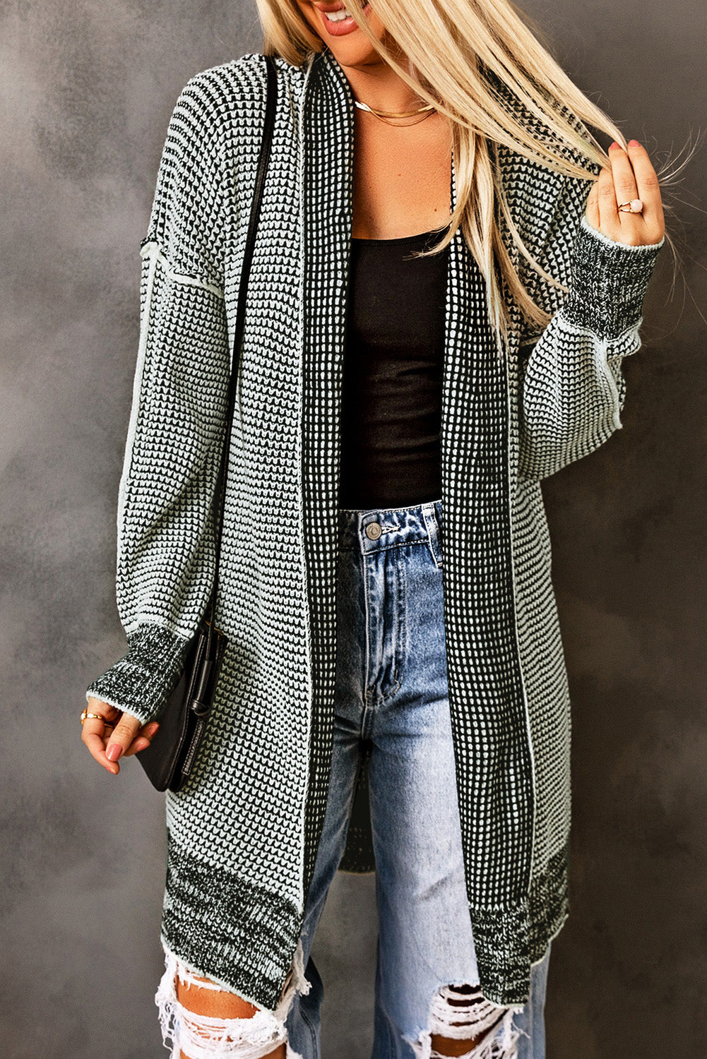 Plaid Knitted Open Cardigan