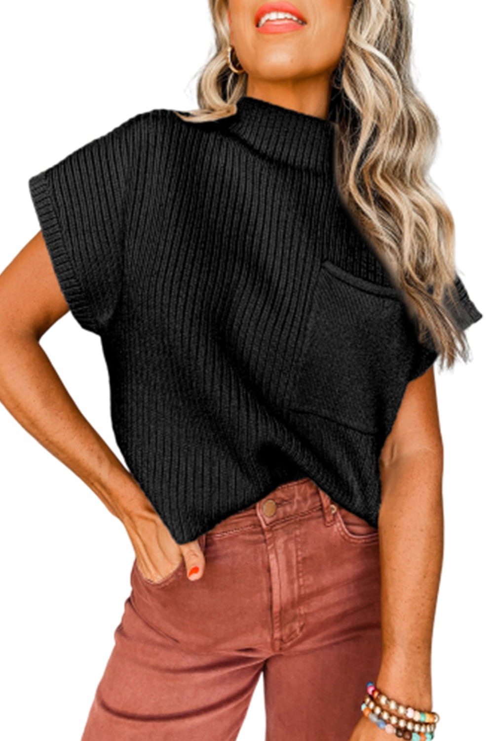 Black Ribbed Knit Short Sweater