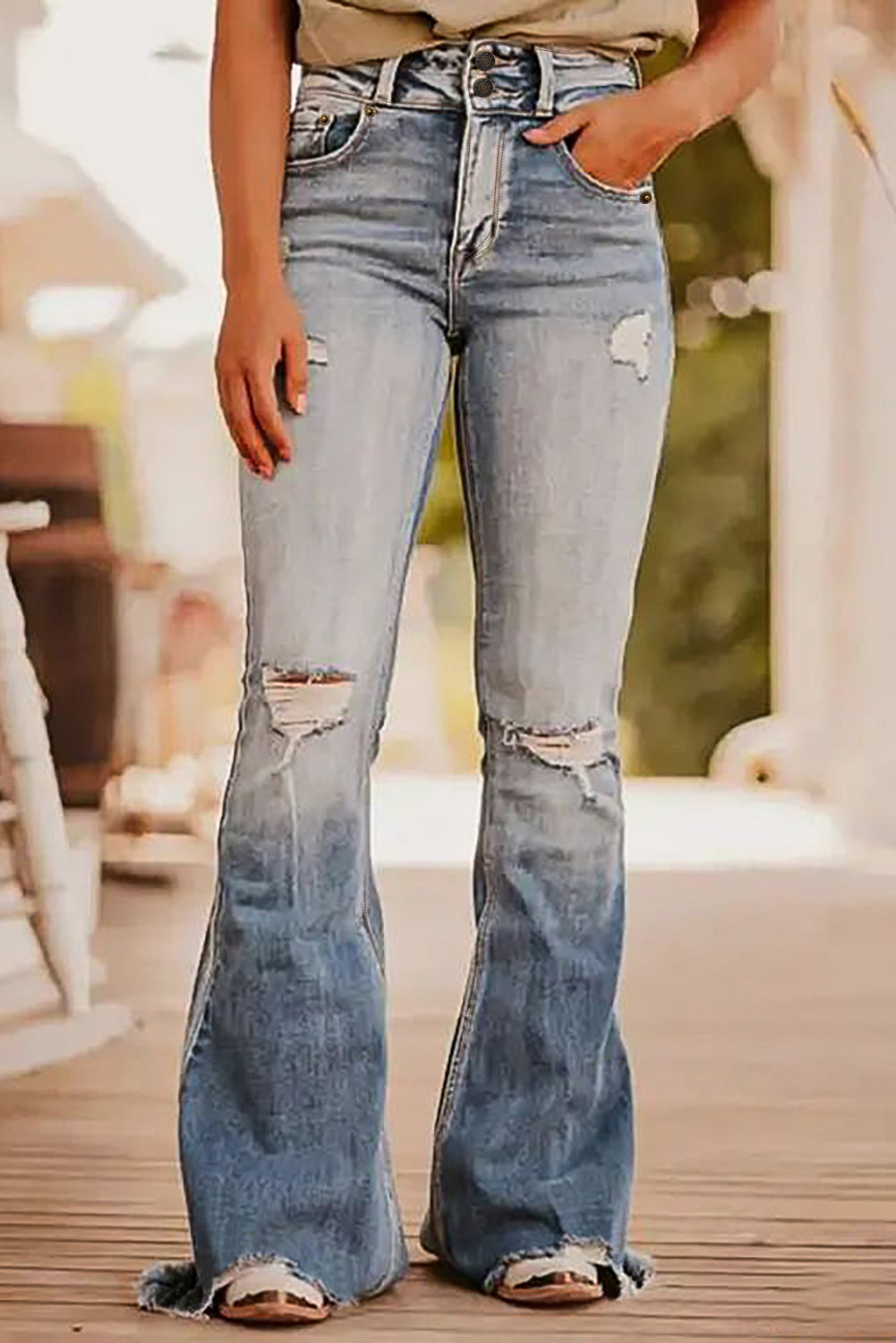 Vintage Wash Ripped Edge Flare Jeans