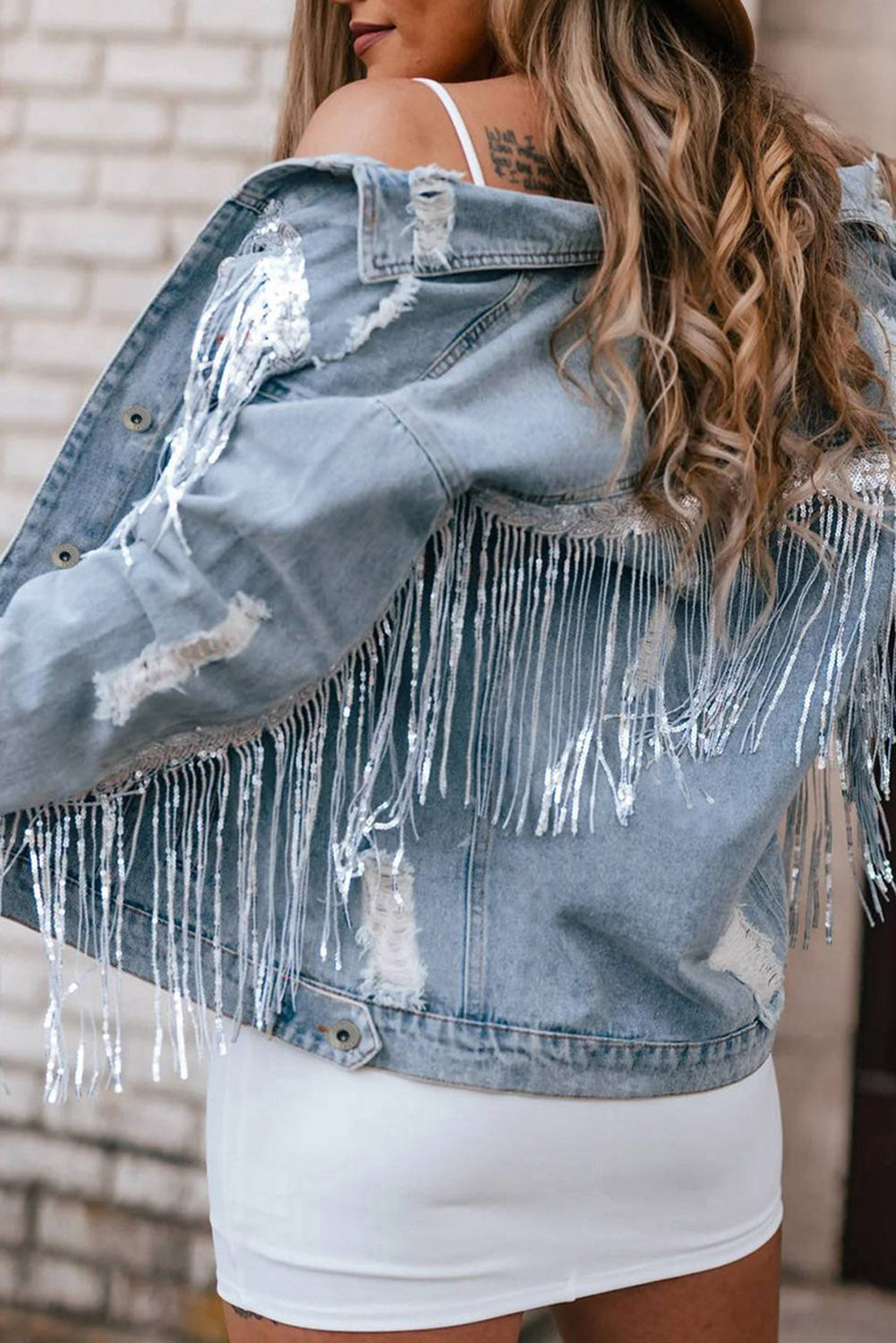 Sky Blue Fringe Denim Jacket