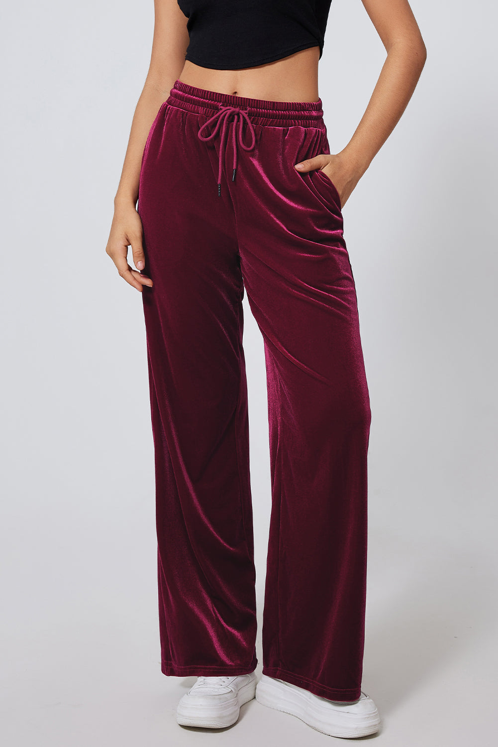 Burgundy Waist Wide Leg Pants