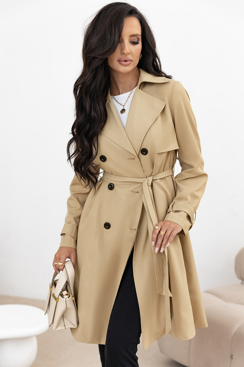 Khaki Collar Waist Tie Coat