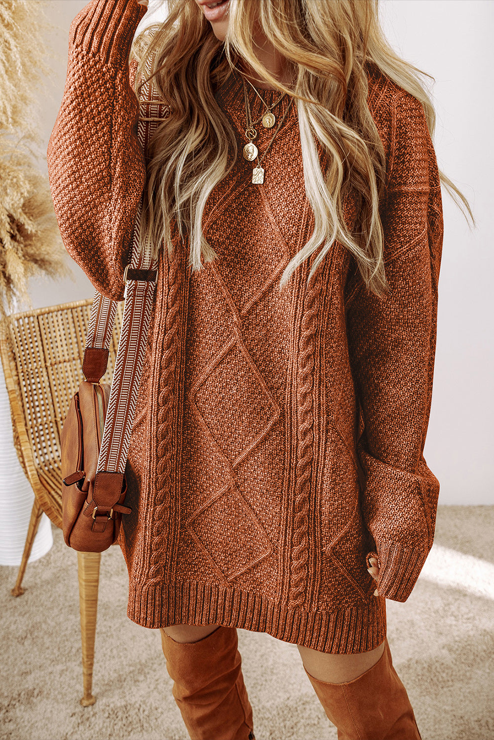 Cable Knit Drop Shoulder Loose Fit Sweater