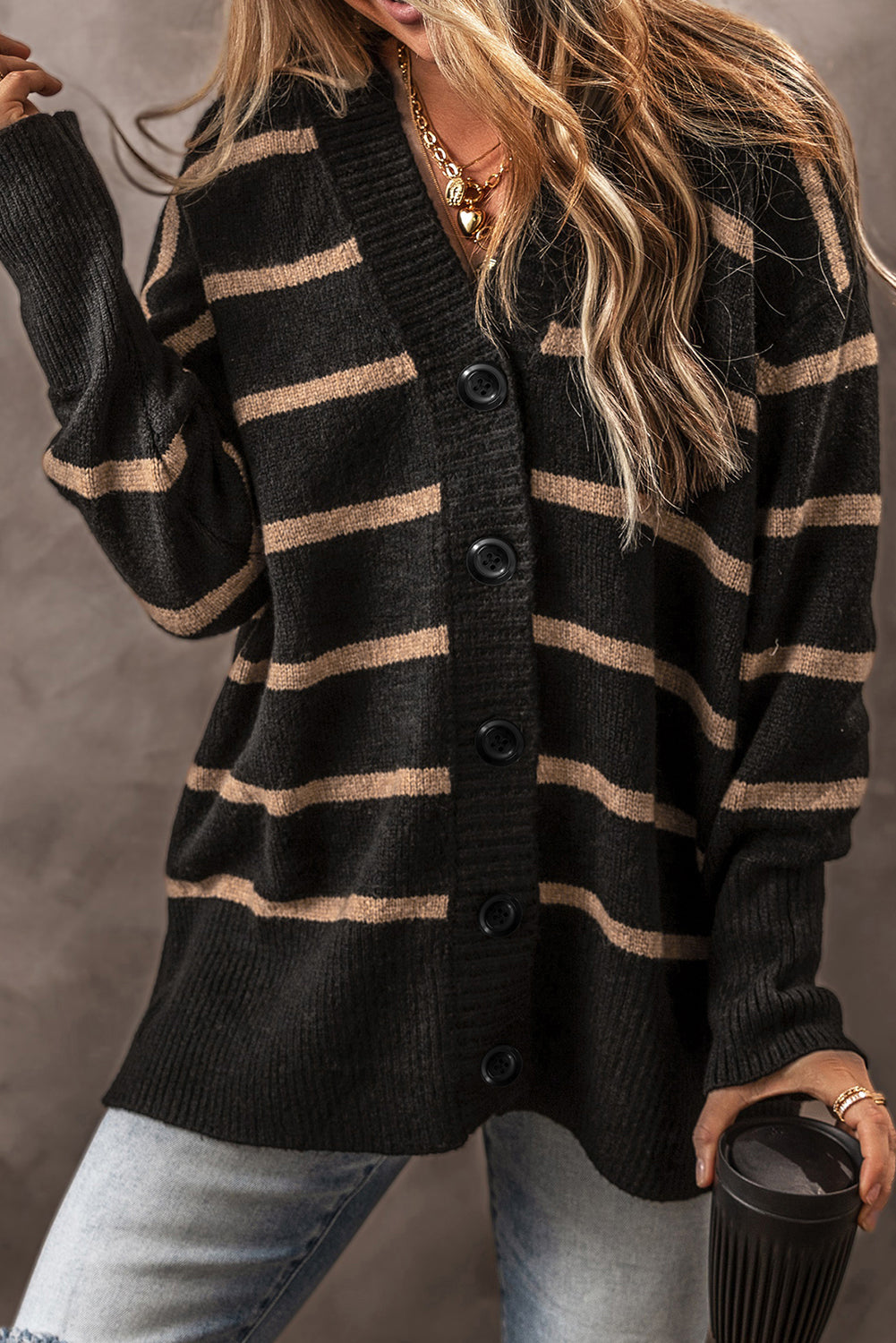 V Neck Drop Shoulder Loose Cardigan