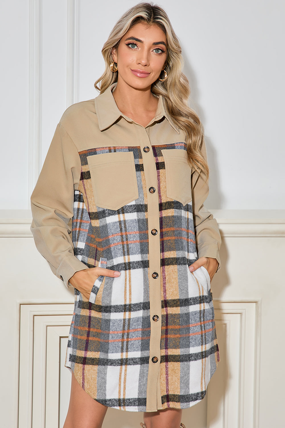 Khaki Plaid Long Sleeve Jacket