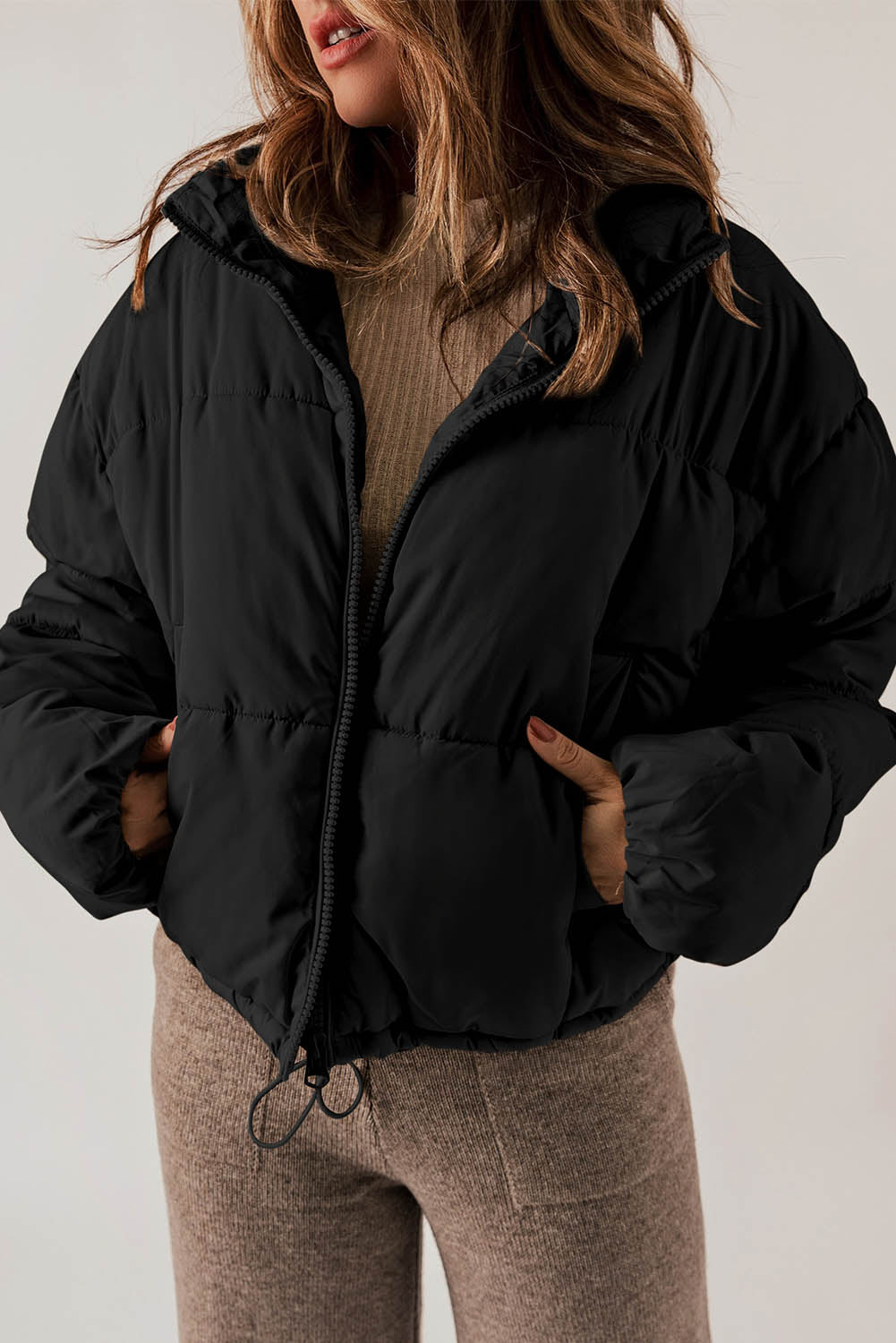 Zip Up Drawstring Hem Puffer Jackets