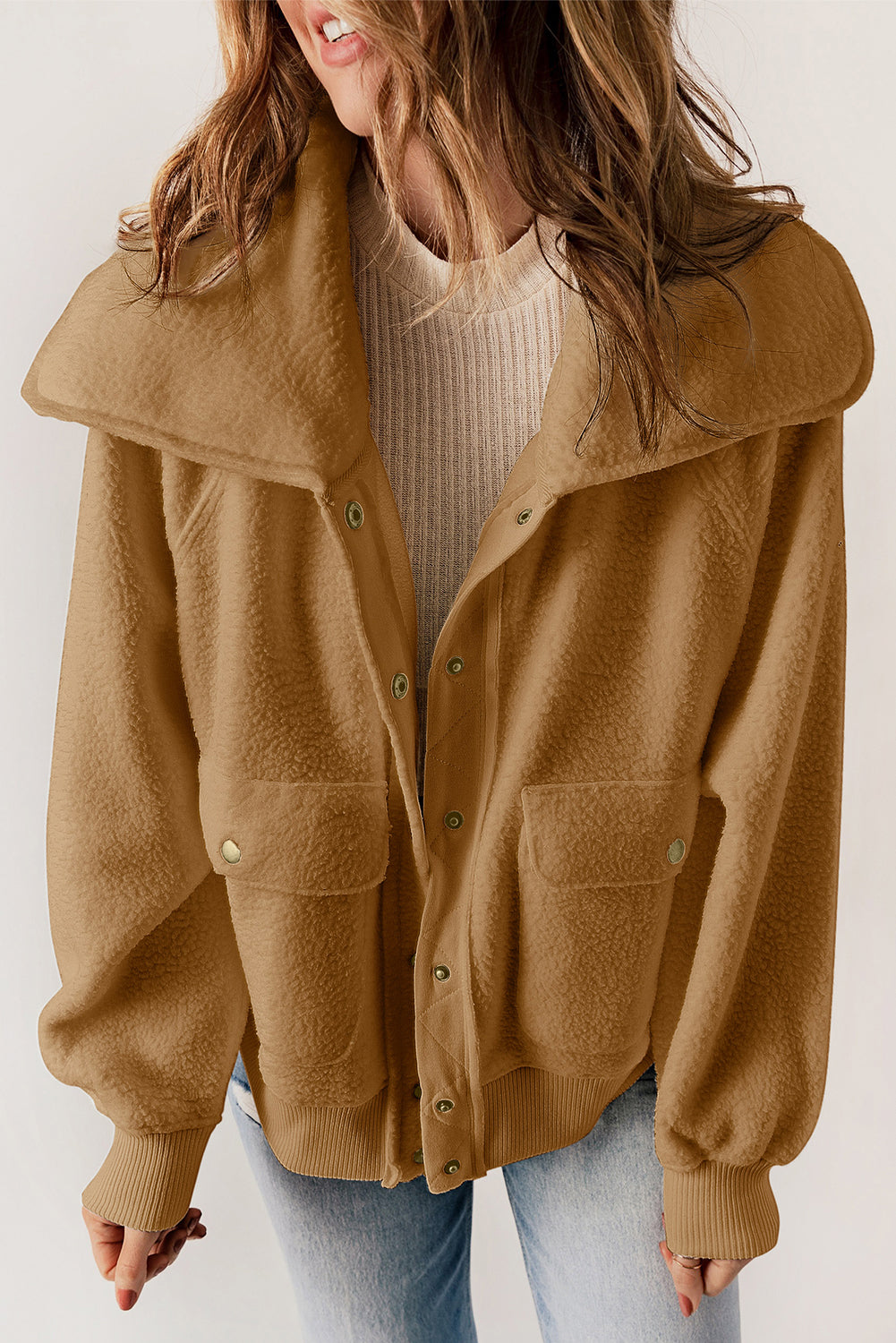 Flap Pocket Spread Collar Fleece Jacket