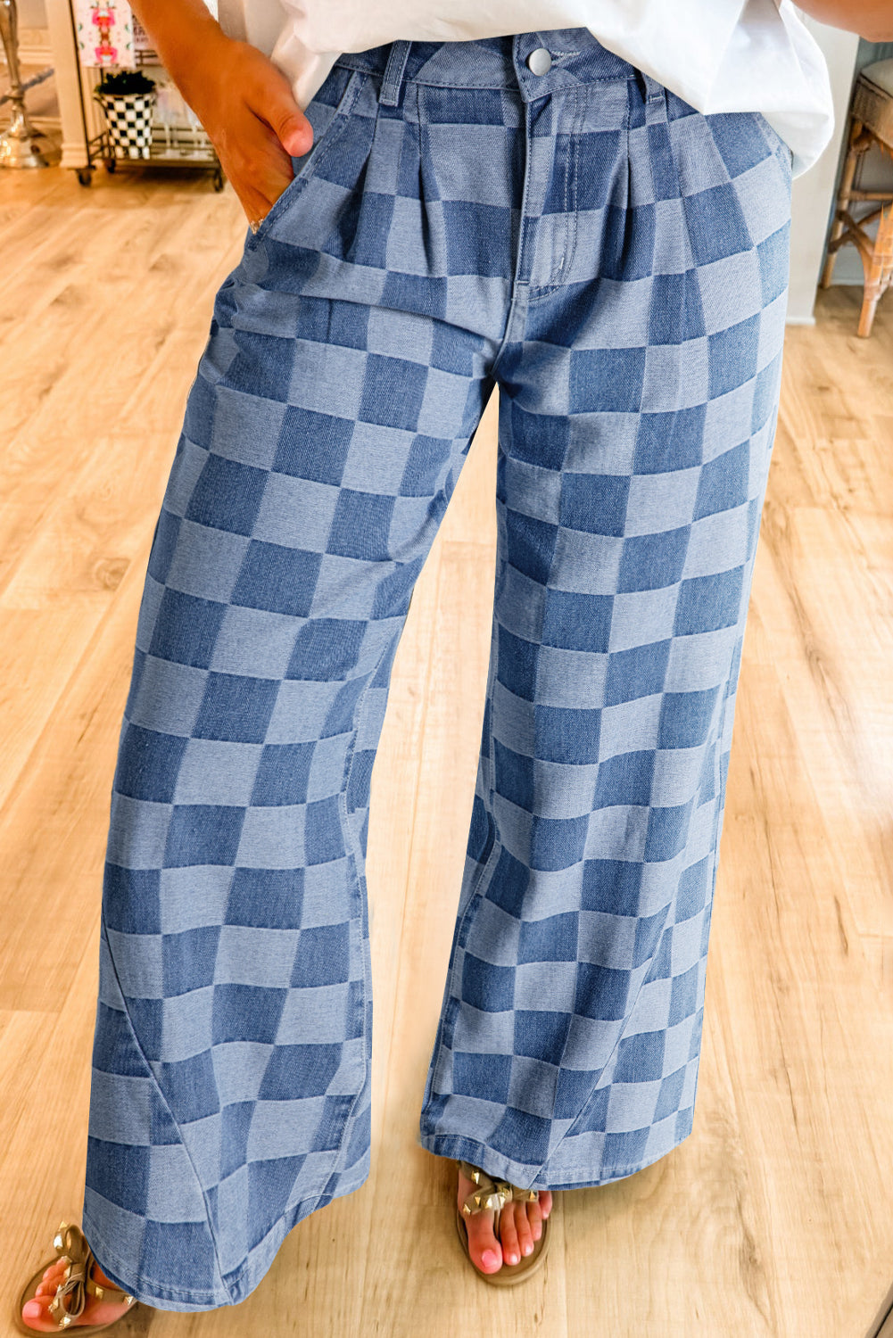 Checkered Denim Wide Leg Jeans