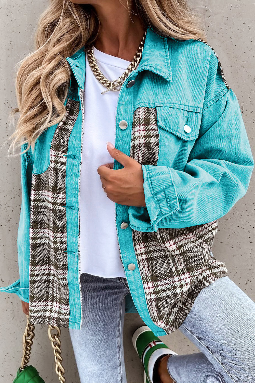 Sky Blue Plaid Patchwork Denim Jacket