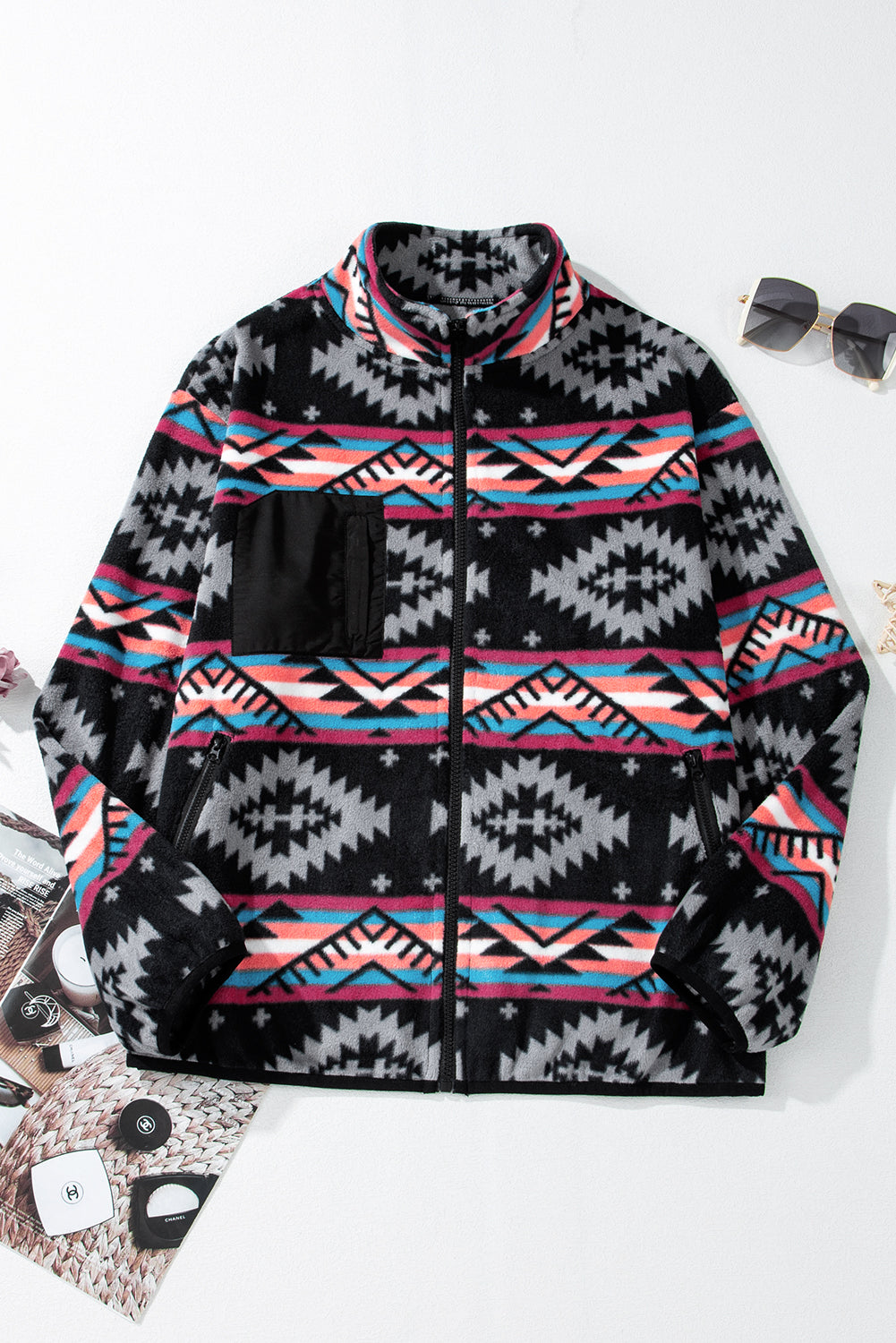 Black Aztec Zip Up Collar Jacket