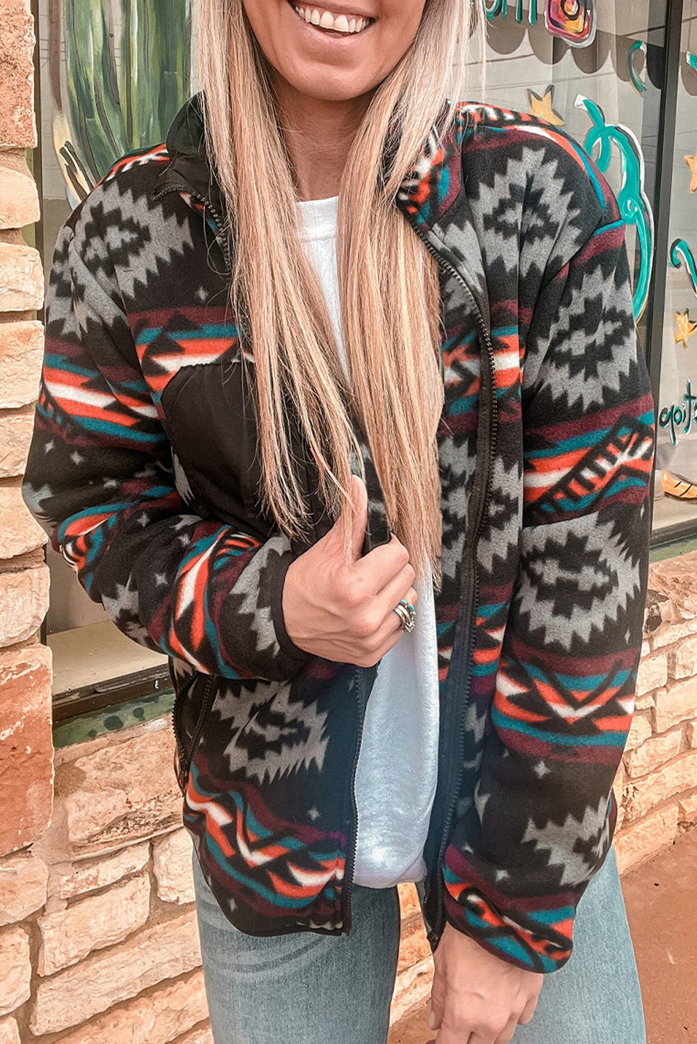 Black Aztec Zip Up Collar Jacket