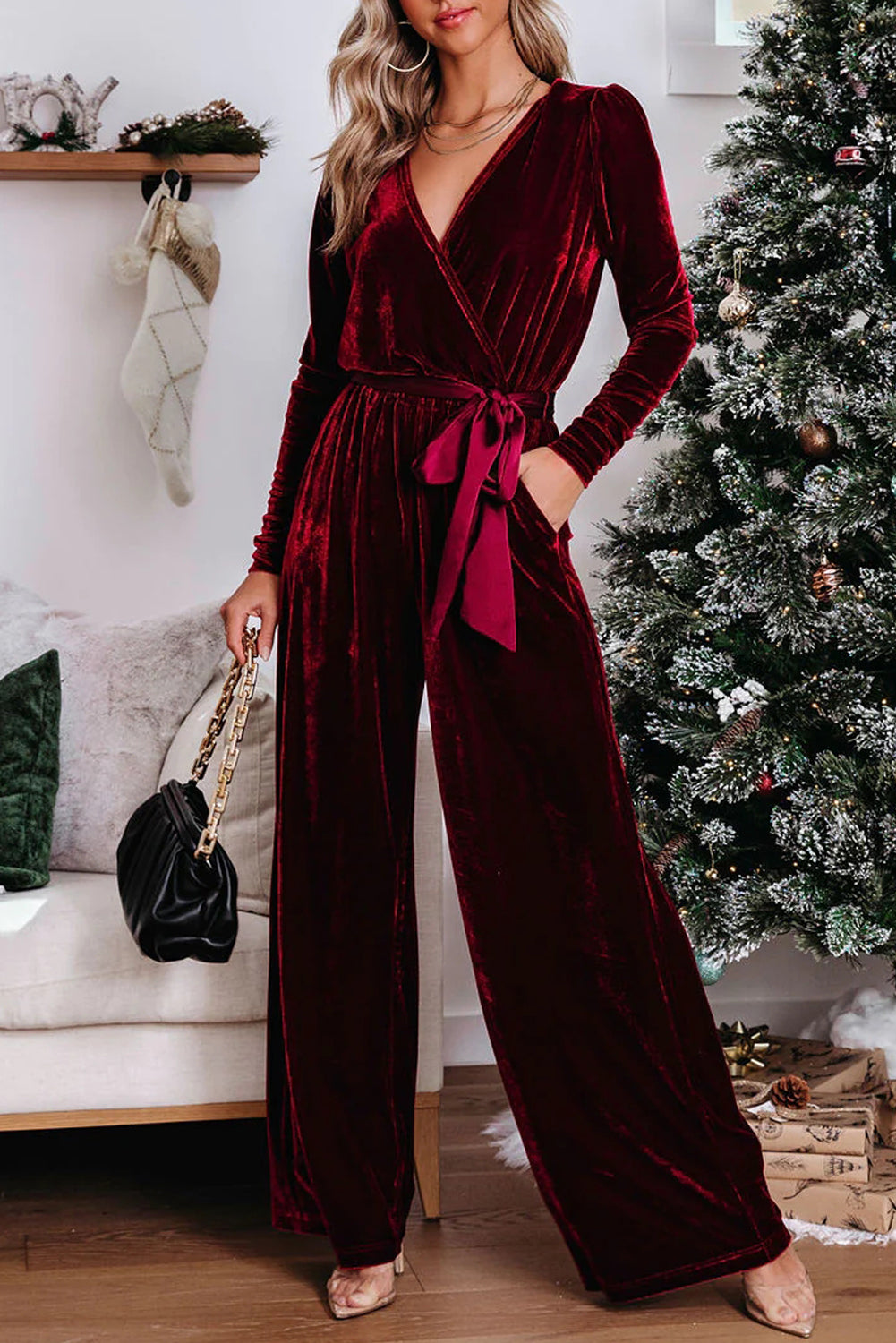 Velvet Cut out Back Wide Leg Jumpsuit