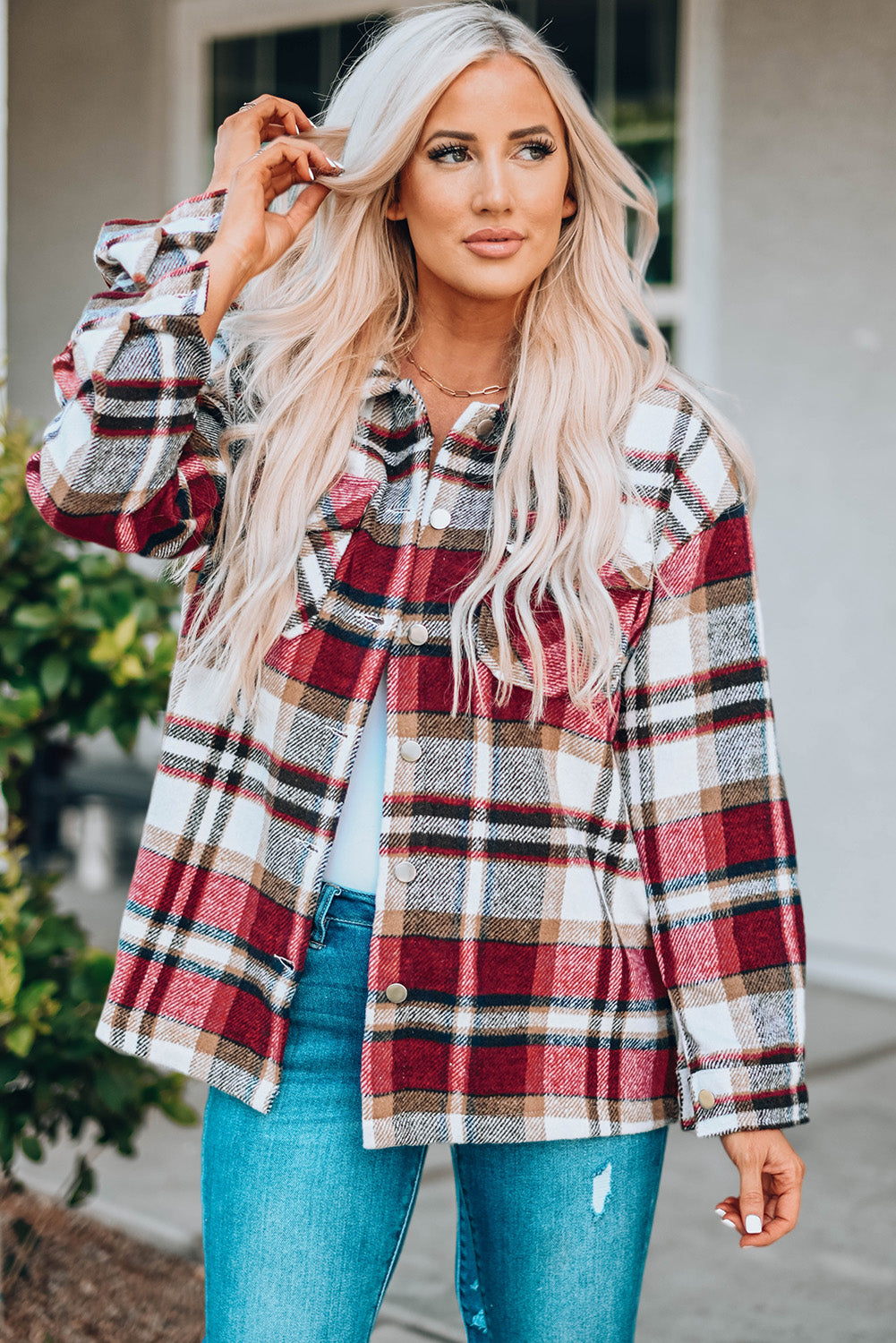 Geometric Plaid Pocketed Shacket