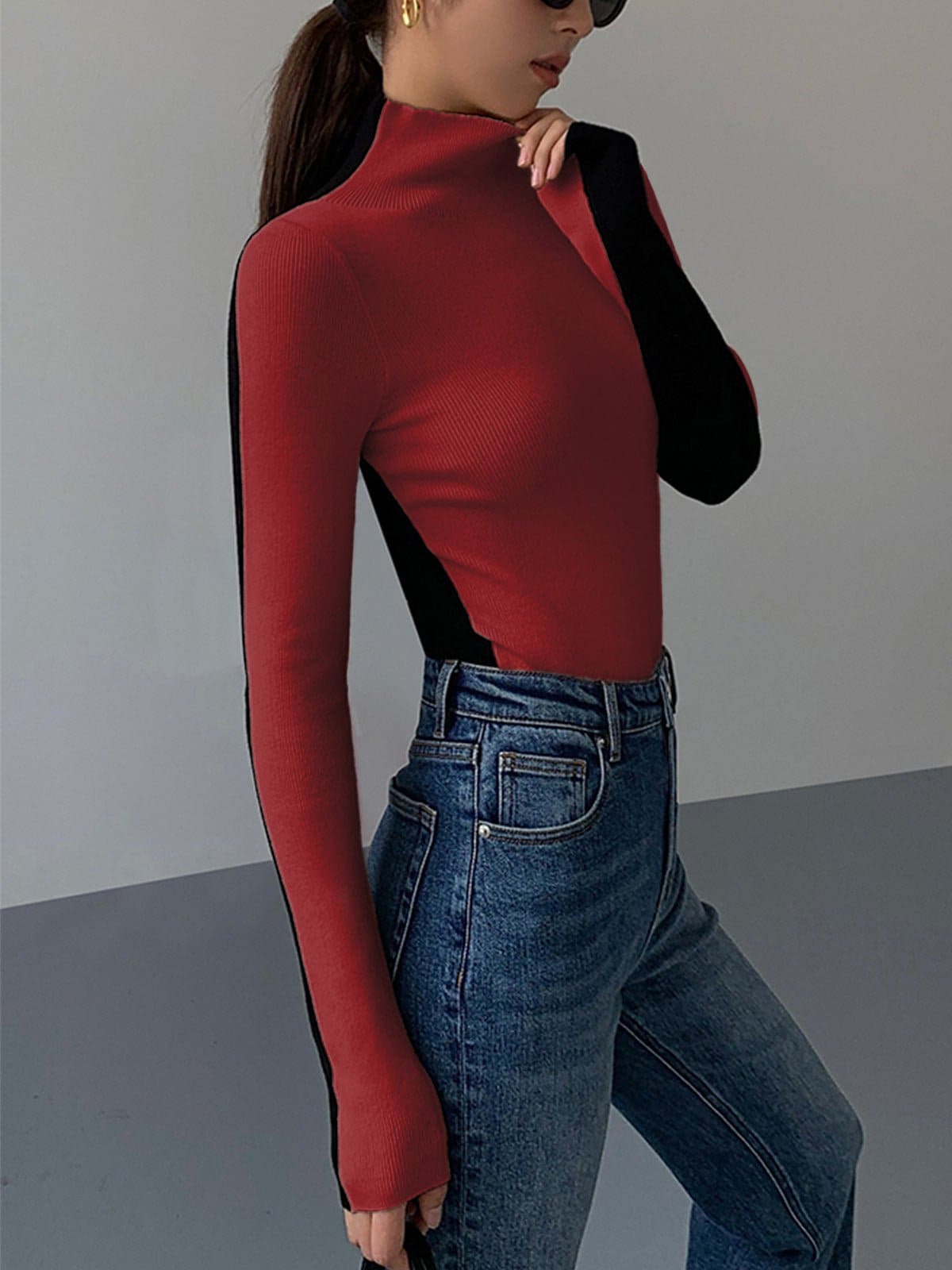 Two Tone Long Sleeve Knit Top - Divaloo